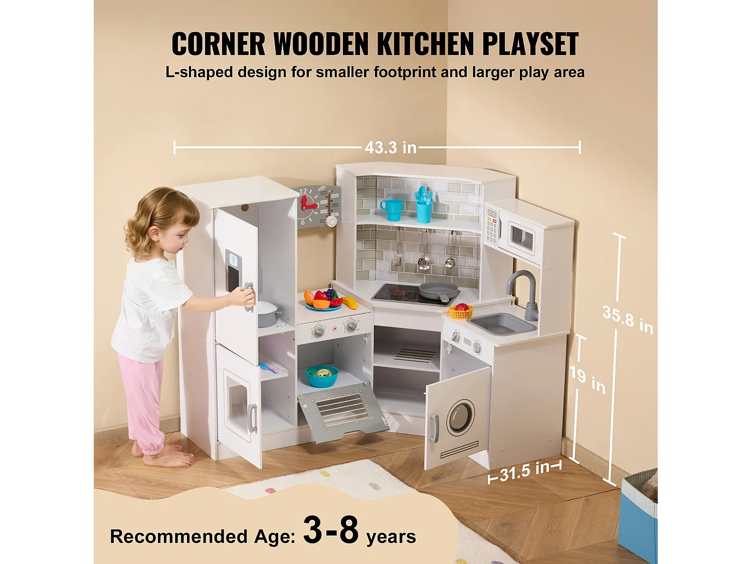 Ensemble de Cuisine SucceBuy pour Enfants, Cuisine de Jeu en Bois, Jouet de Cuisine Factice 24 PCS Accessoires, Blanc