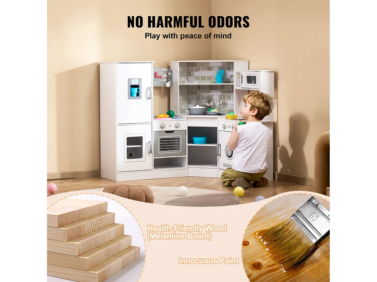 Ensemble de Cuisine SucceBuy pour Enfants, Cuisine de Jeu en Bois, Jouet de Cuisine Factice 24 PCS Accessoires, Blanc