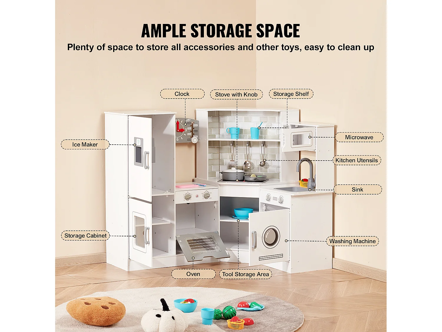 Ensemble de Cuisine SucceBuy pour Enfants, Cuisine de Jeu en Bois, Jouet de Cuisine Factice 24 PCS Accessoires, Blanc