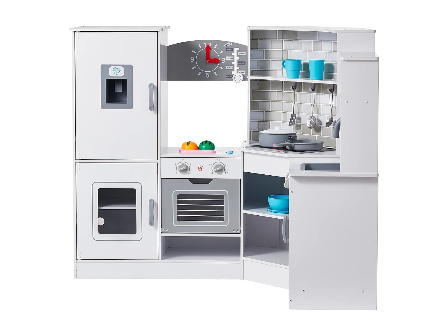 Ensemble de Cuisine SucceBuy pour Enfants, Cuisine de Jeu en Bois, Jouet de Cuisine Factice 24 PCS Accessoires, Blanc