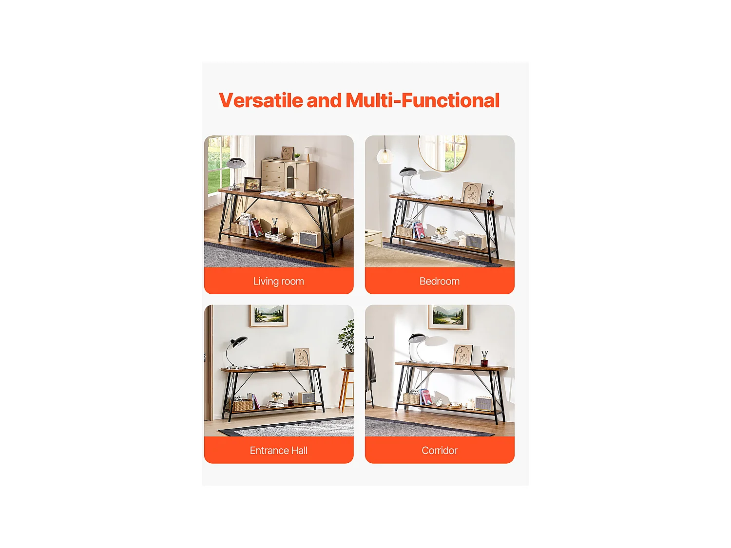 Table Console SucceBuy 180 cm, 2 Niveaux, Marron-Noir, Table Console Étroite pour Canapé