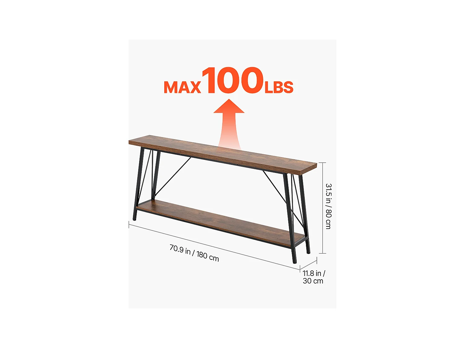 Table Console SucceBuy 180 cm, 2 Niveaux, Marron-Noir, Table Console Étroite pour Canapé