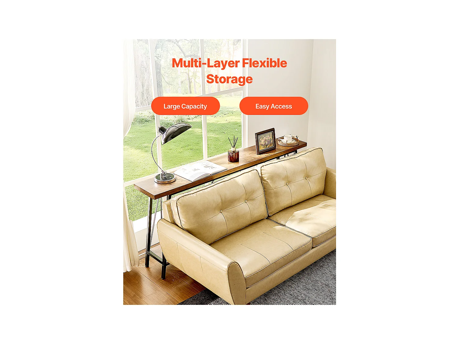 Table Console SucceBuy 180 cm, 2 Niveaux, Marron-Noir, Table Console Étroite pour Canapé