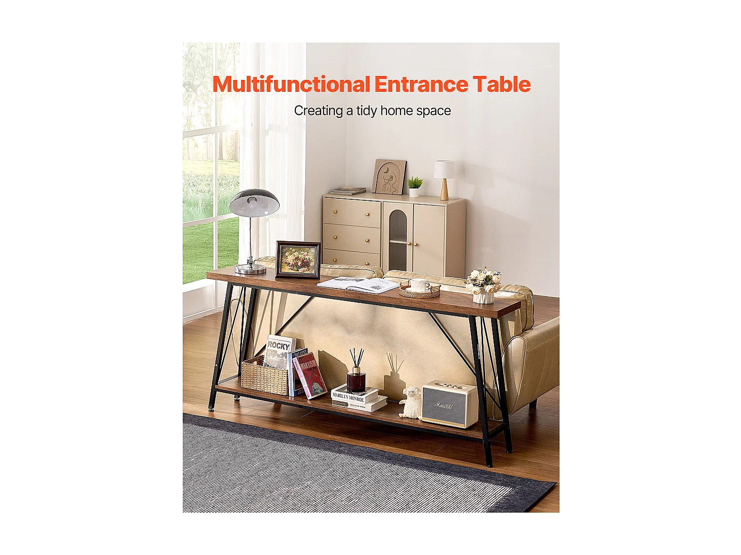 Table Console SucceBuy 180 cm, 2 Niveaux, Marron-Noir, Table Console Étroite pour Canapé