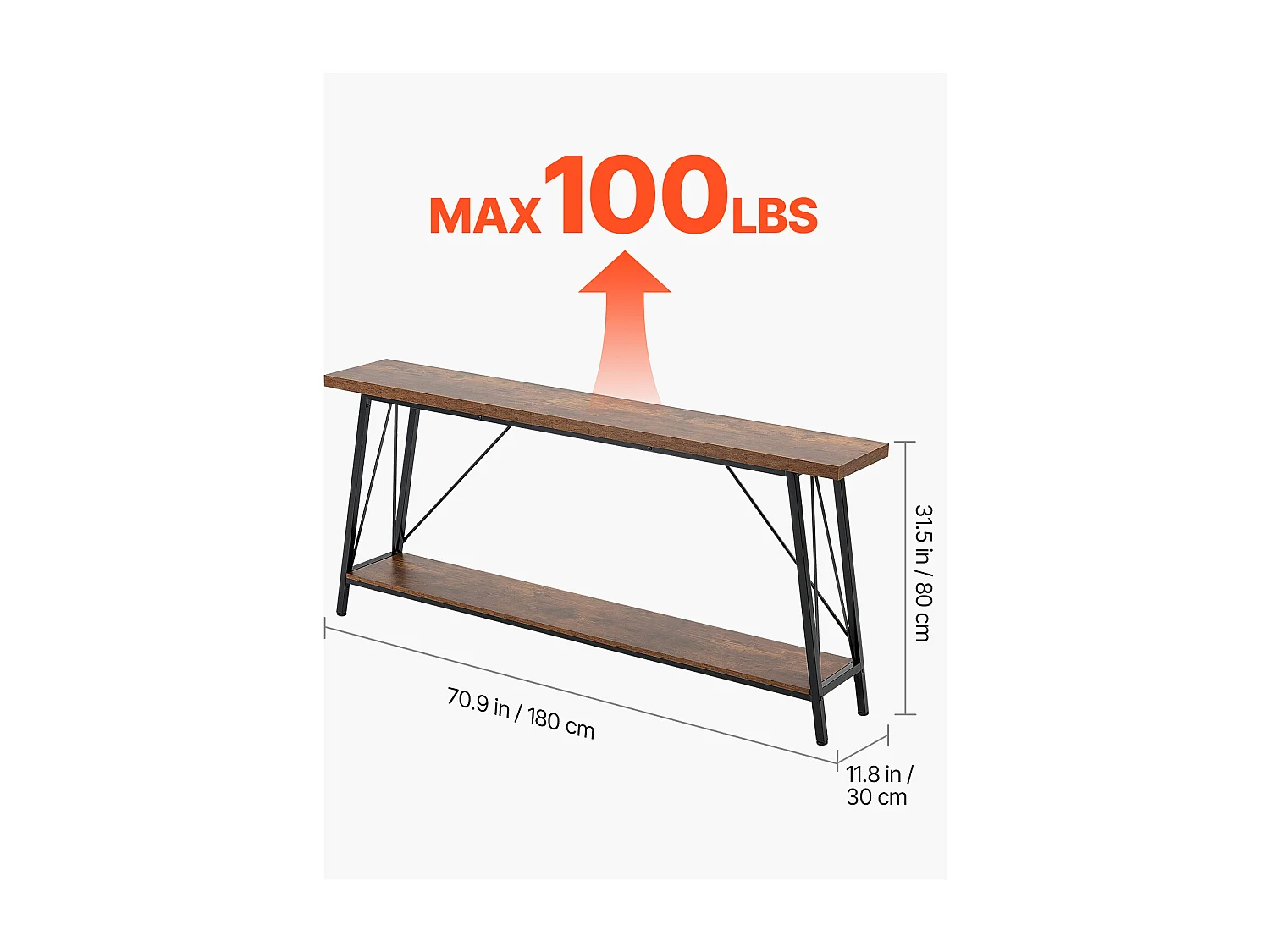 Table Console SucceBuy 180 cm, 2 Niveaux, Marron-Noir, Table Console Étroite pour Canapé