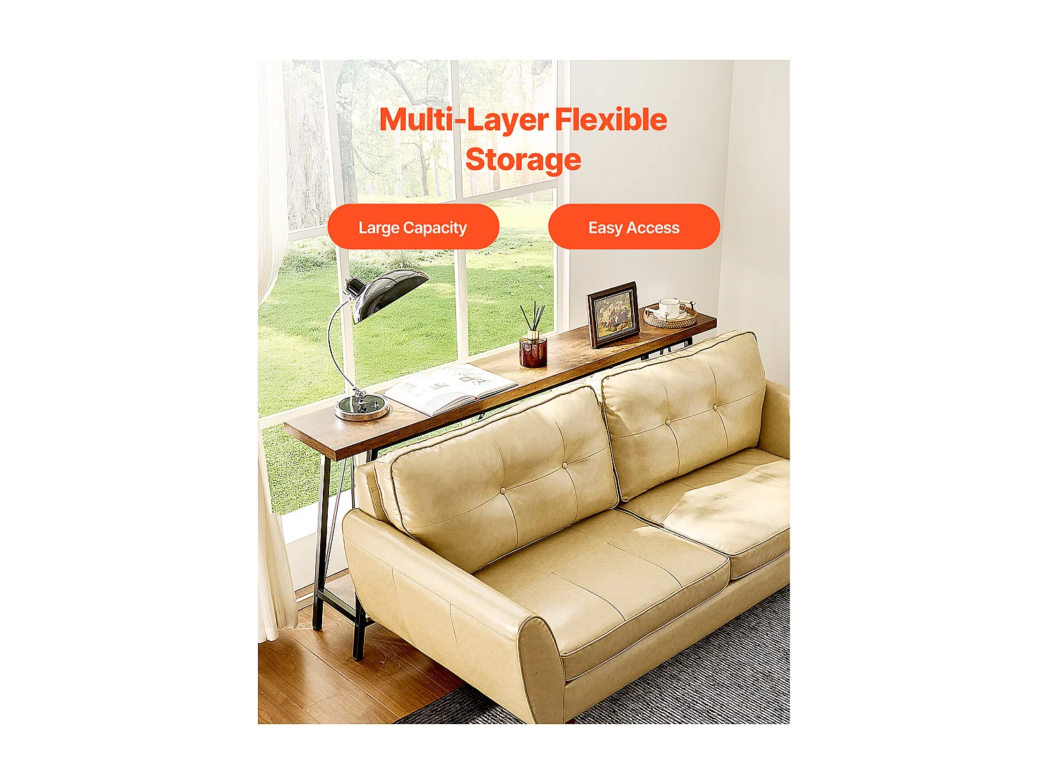 Table Console SucceBuy 180 cm, 2 Niveaux, Marron-Noir, Table Console Étroite pour Canapé