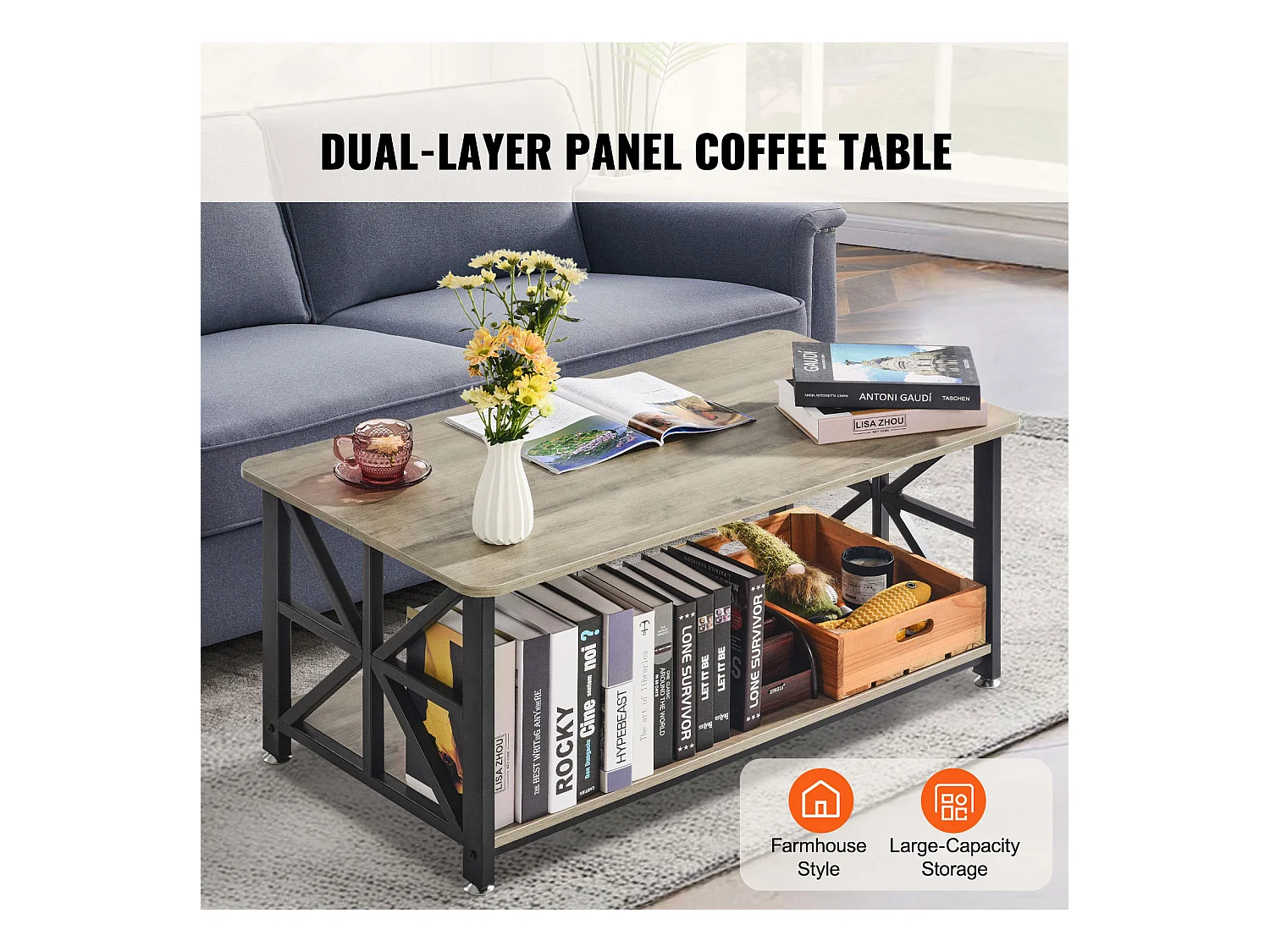 Table Basse SucceBuy, 1000 mm, Marron-Noir, Rectangulaire Avec Compartiment De Rangement Ouvert, pour Salon, Chambre, Appartement, Studio