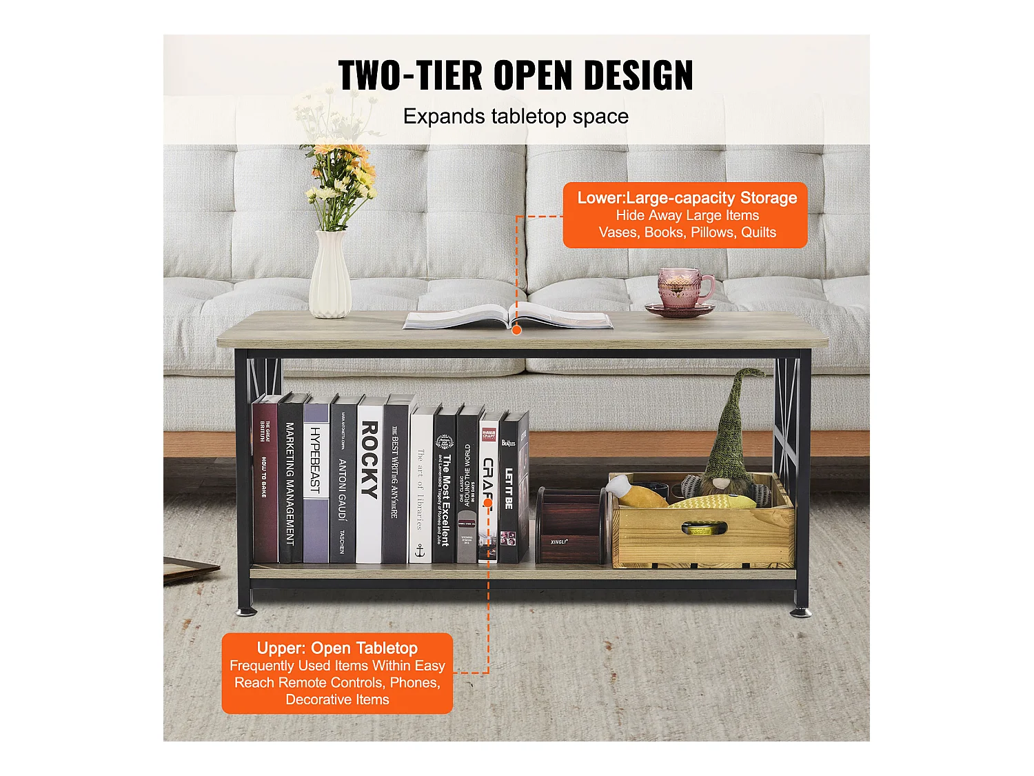 Table Basse SucceBuy, 1000 mm, Marron-Noir, Rectangulaire Avec Compartiment De Rangement Ouvert, pour Salon, Chambre, Appartement, Studio