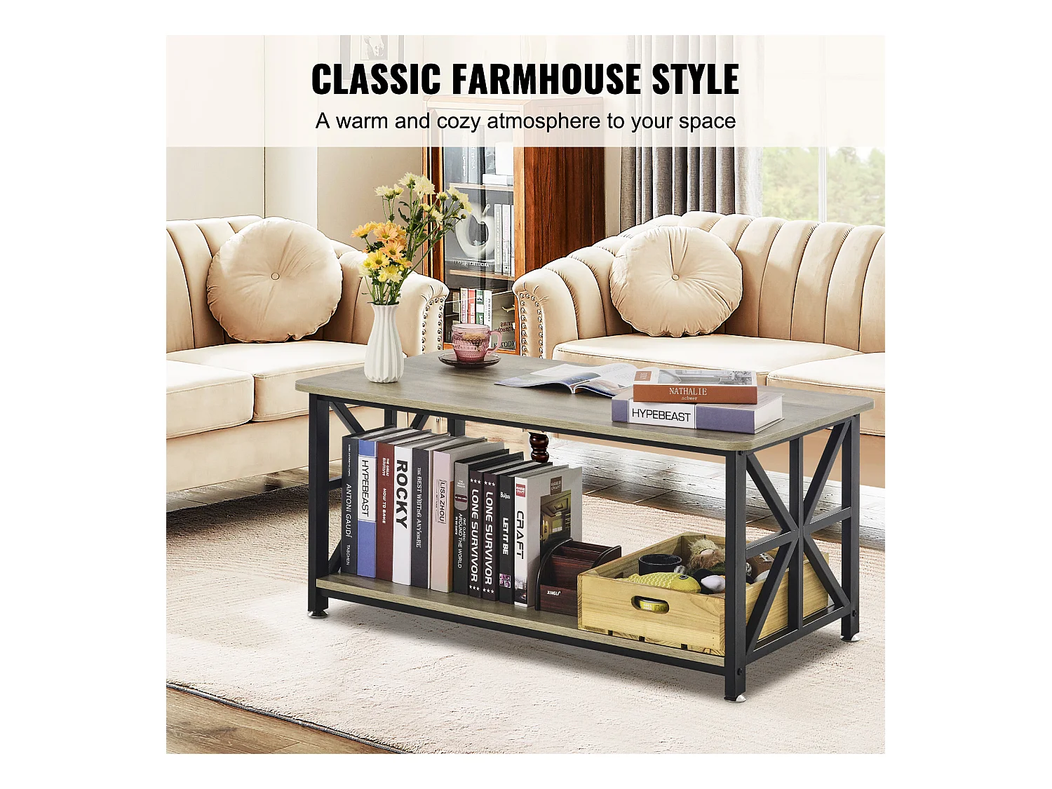 Table Basse SucceBuy, 1000 mm, Marron-Noir, Rectangulaire Avec Compartiment De Rangement Ouvert, pour Salon, Chambre, Appartement, Studio