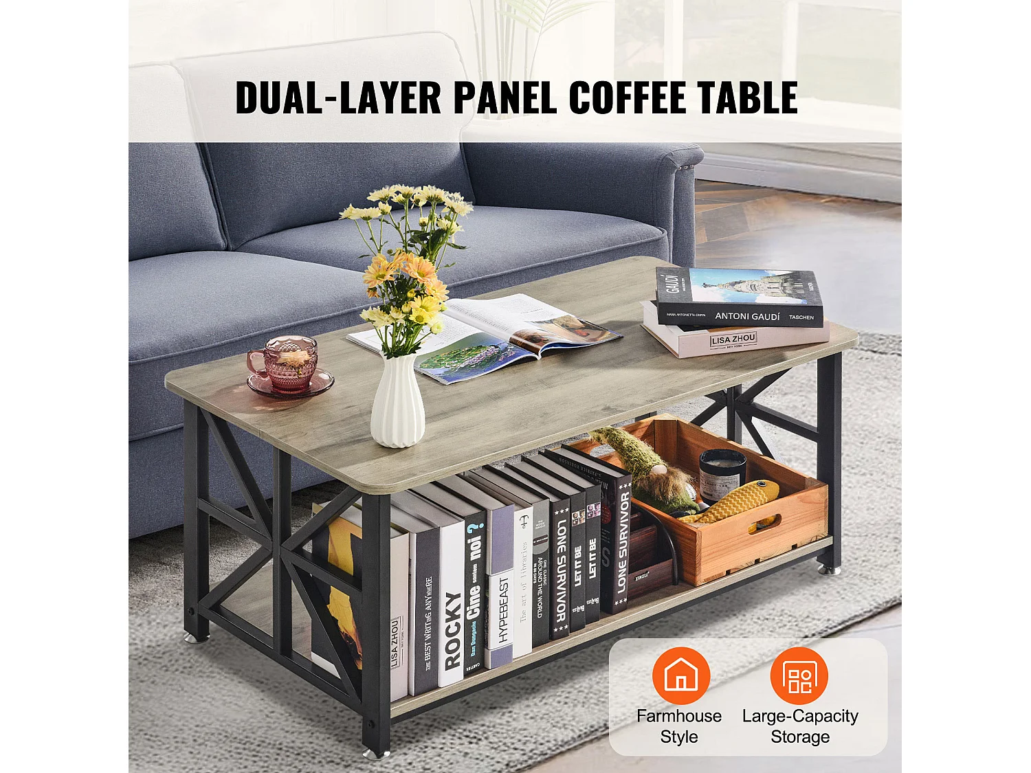 Table Basse SucceBuy, 1000 mm, Marron-Noir, Rectangulaire Avec Compartiment De Rangement Ouvert, pour Salon, Chambre, Appartement, Studio