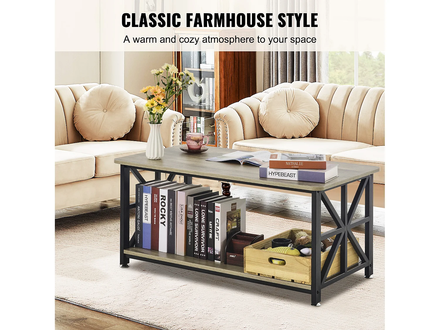 Table Basse SucceBuy, 1000 mm, Marron-Noir, Rectangulaire Avec Compartiment De Rangement Ouvert, pour Salon, Chambre, Appartement, Studio