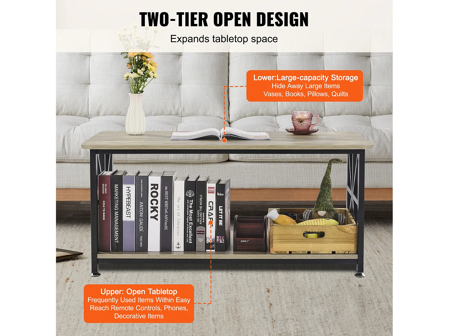 Table Basse SucceBuy, 1000 mm, Marron-Noir, Rectangulaire Avec Compartiment De Rangement Ouvert, pour Salon, Chambre, Appartement, Studio