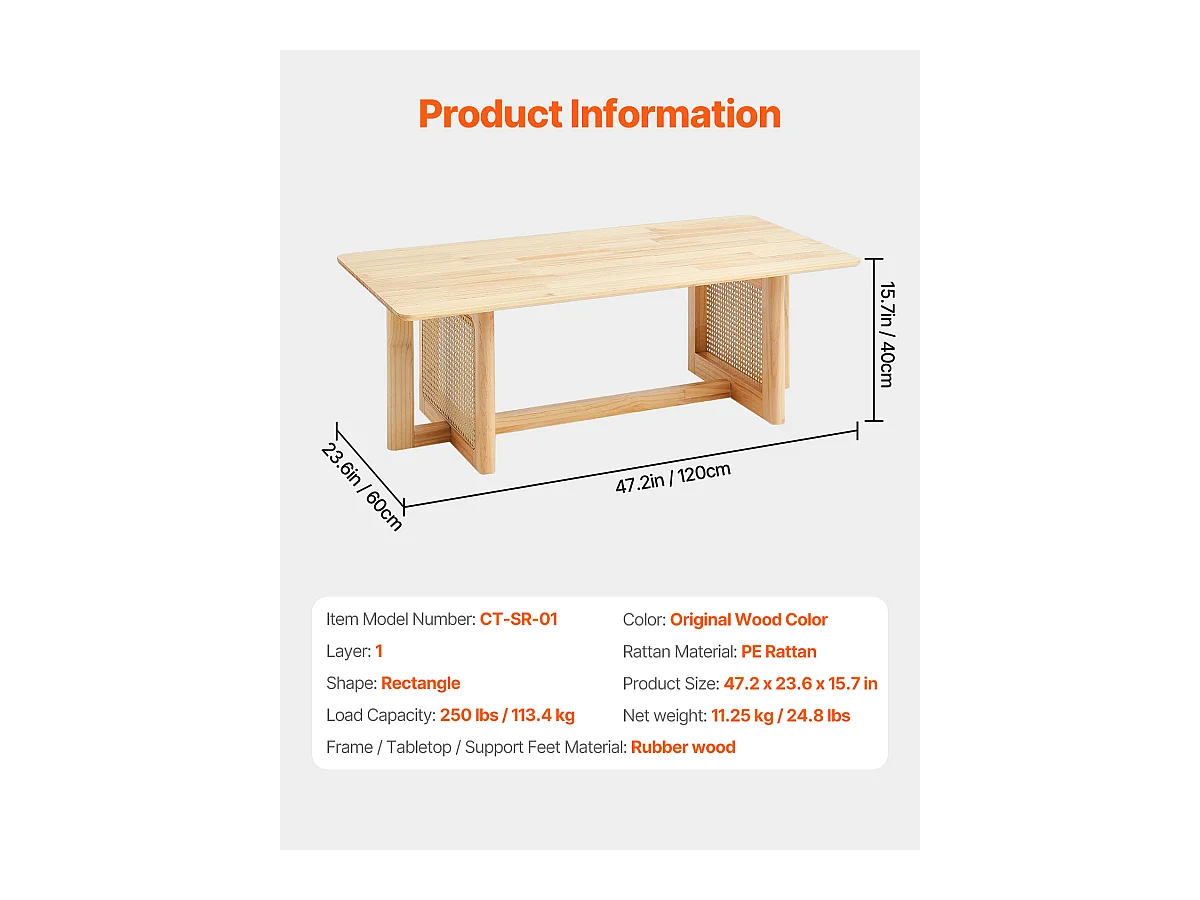 Niedertisch SucceBuy 120 x 60 x 40 cm, Rechteckiger Rotankorb-Tisch mit 1 Ebene fürs Wohnzimmer
