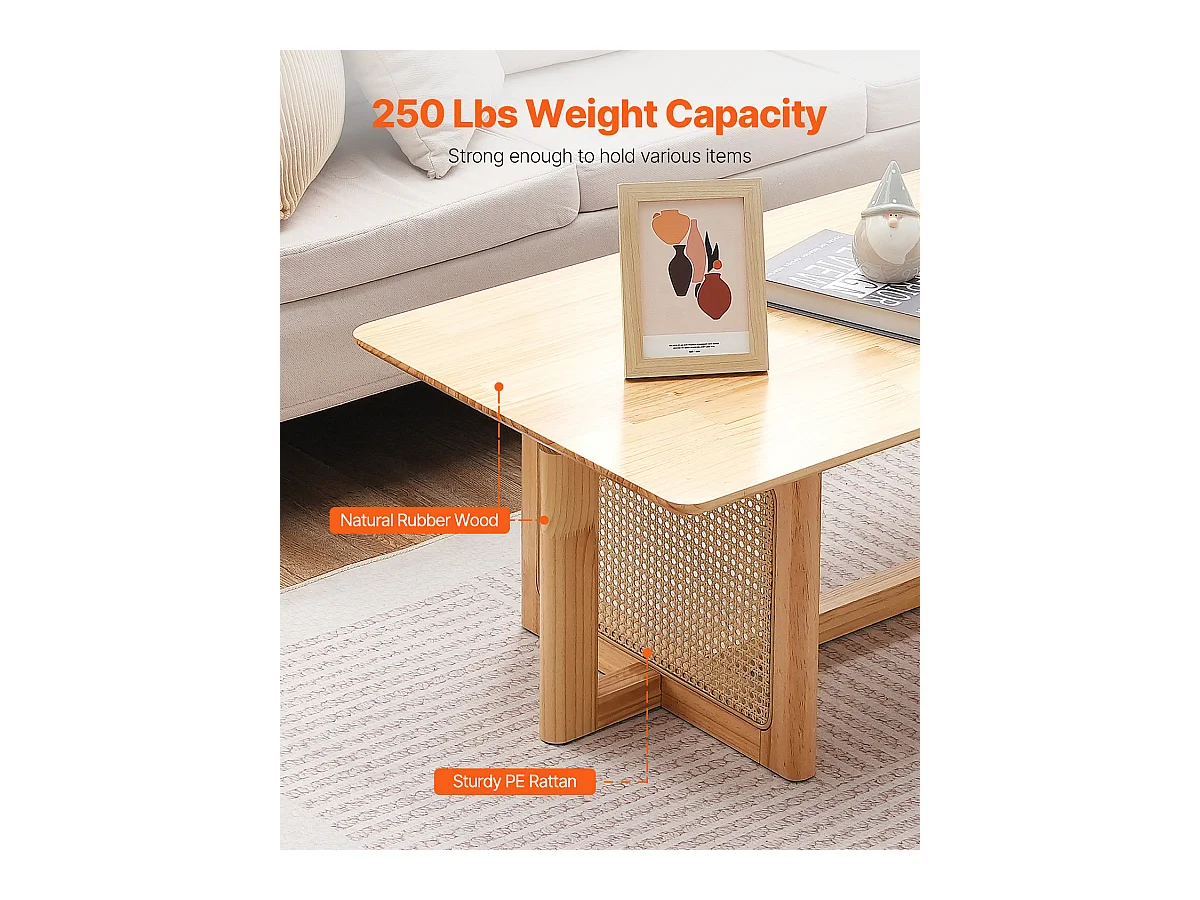 Niedertisch SucceBuy 120 x 60 x 40 cm, Rechteckiger Rotankorb-Tisch mit 1 Ebene fürs Wohnzimmer