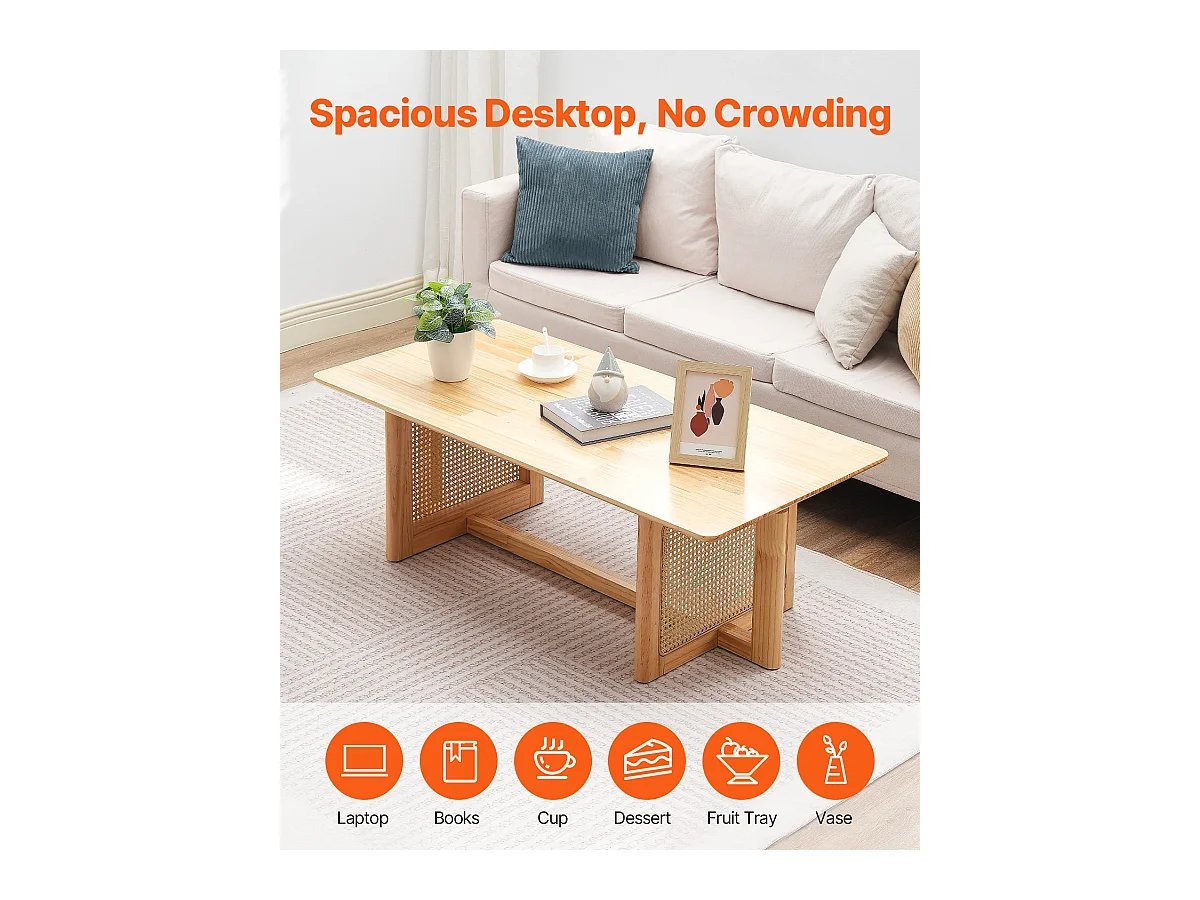 Table Basse SucceBuy 120 x 60 x 40 cm, Table Basse Rectangulaire en Rotin à 1 Niveau pour le Salon