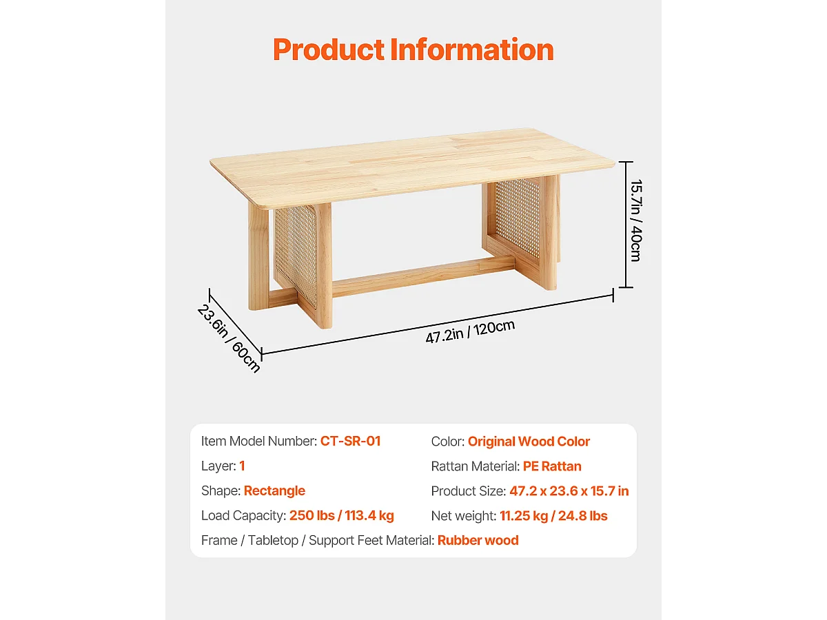 Table Basse SucceBuy 120 x 60 x 40 cm, Table Basse Rectangulaire en Rotin à 1 Niveau pour le Salon