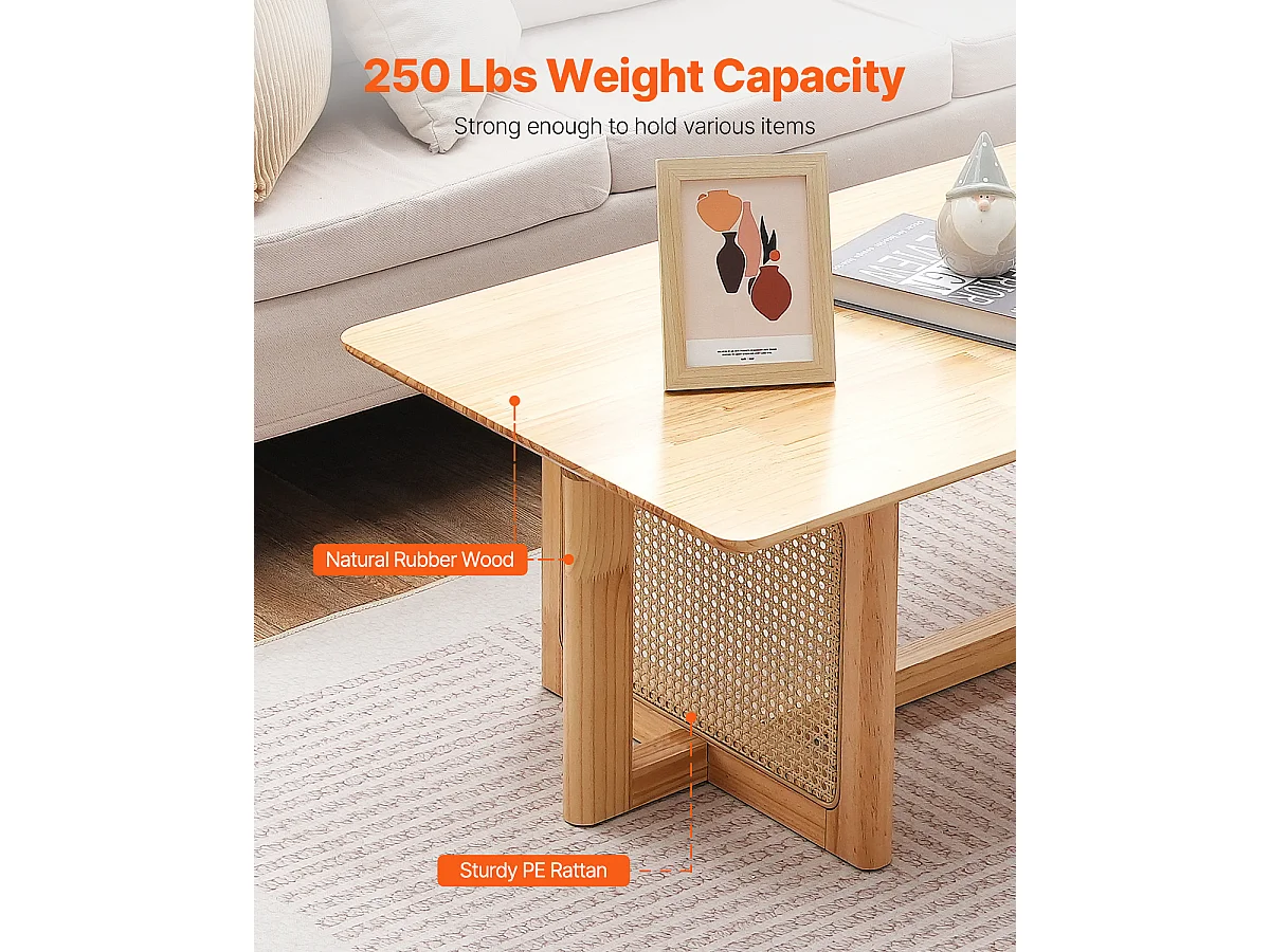 Table Basse SucceBuy 120 x 60 x 40 cm, Table Basse Rectangulaire en Rotin à 1 Niveau pour le Salon