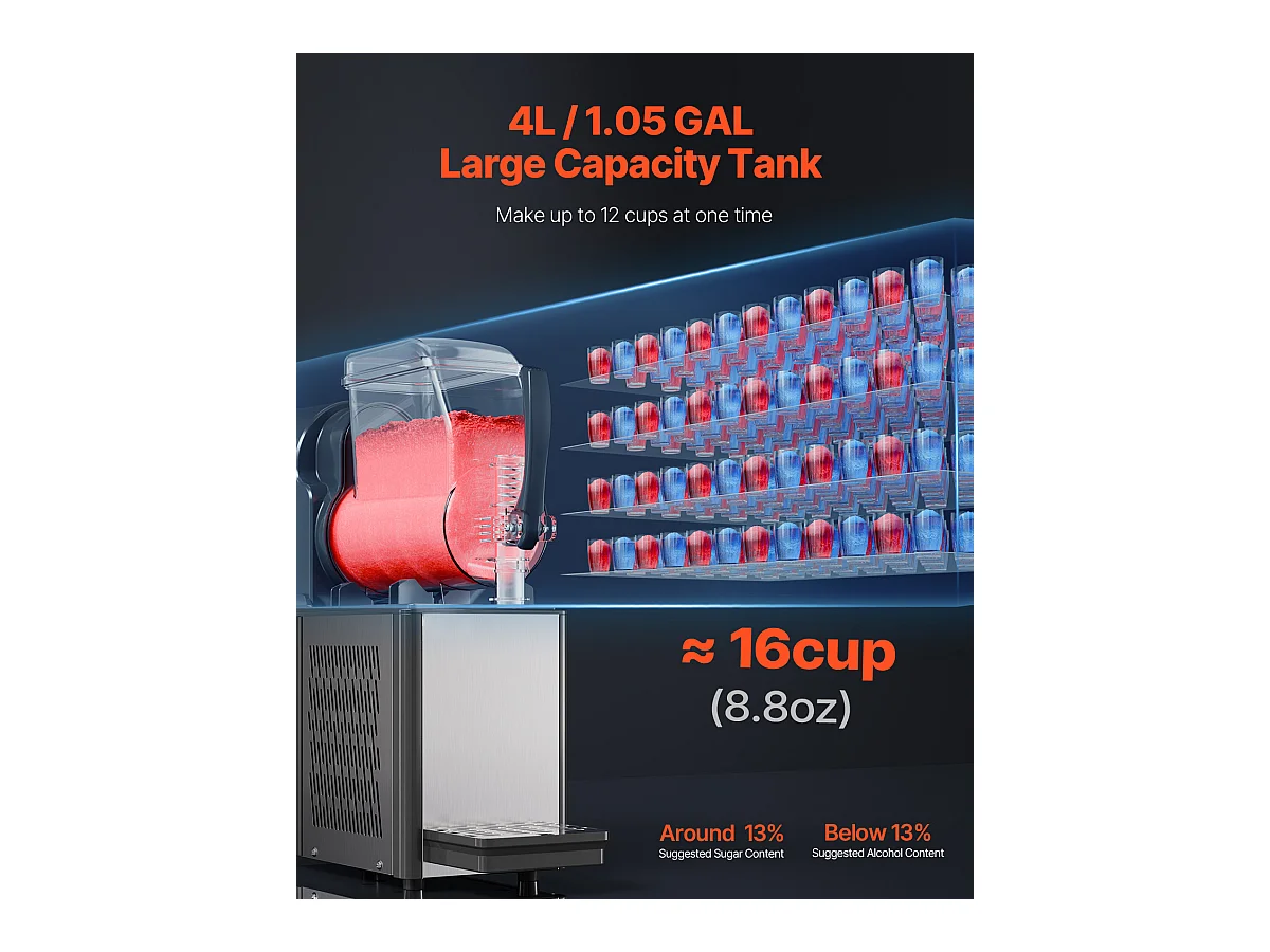 Machine à Granité Commerciale SucceBuy 4 L, Margarita en Acier Inoxydable 16 Tasses, pour la Maison, les Fêtes, les Restaurants, les Cafés
