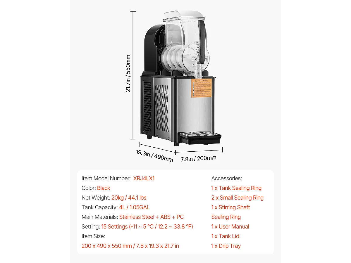 Commerciële Granietenmachine SucceBuy 4 L, Margarita in RVS 16 Bekers, voor het Huis, de Feesten, de Restaurants, de Cafés