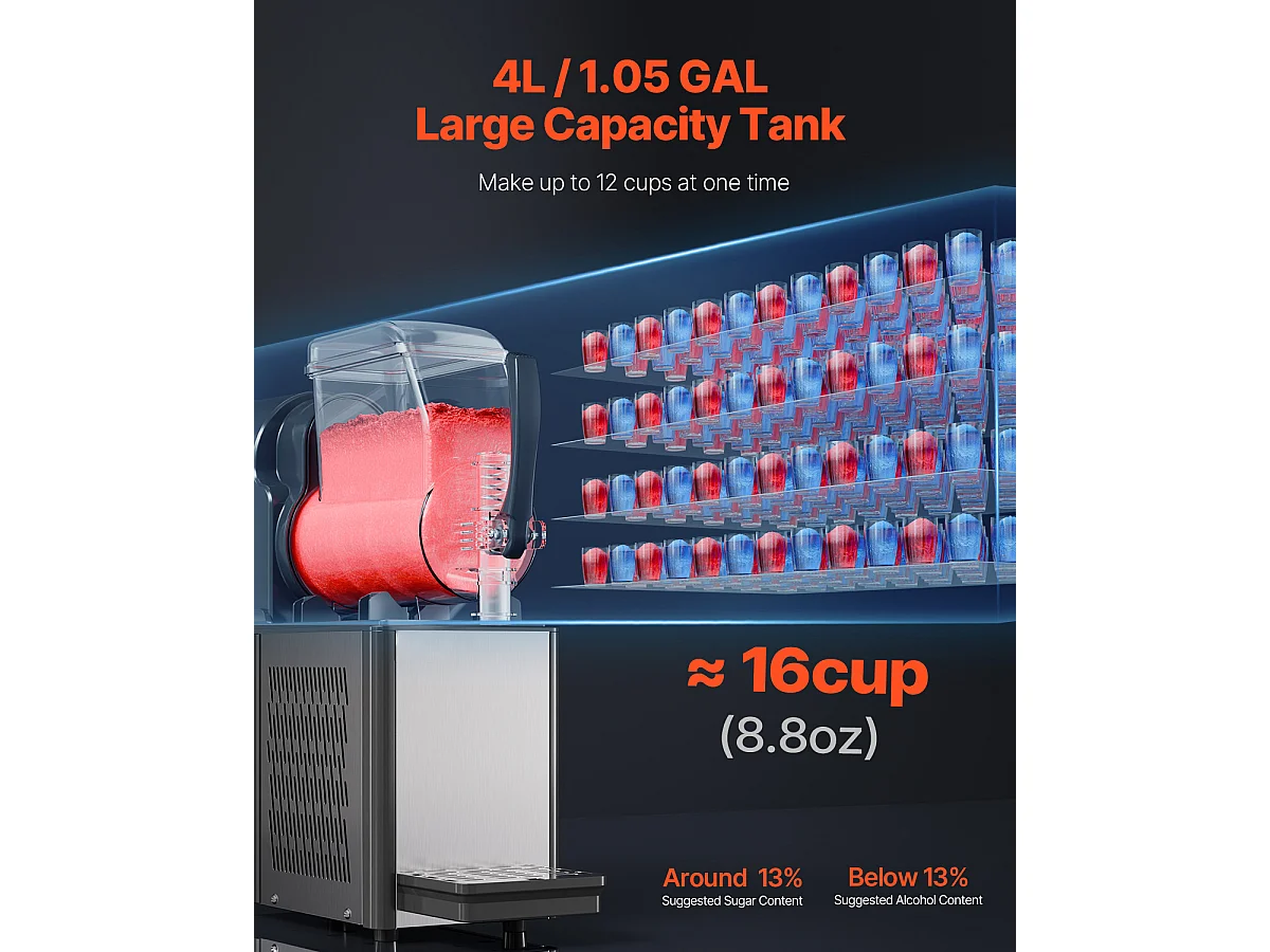 Commerciële Granietenmachine SucceBuy 4 L, Margarita in RVS 16 Bekers, voor het Huis, de Feesten, de Restaurants, de Cafés