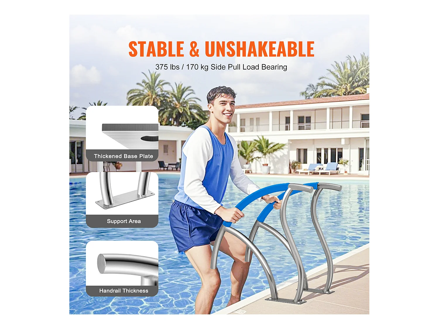 Main Courante de Piscine, SucceBuy Rampe de Piscine 2 Pièces 76×76 cm, Acier Inoxydable avec Plaque de Base pour Spas