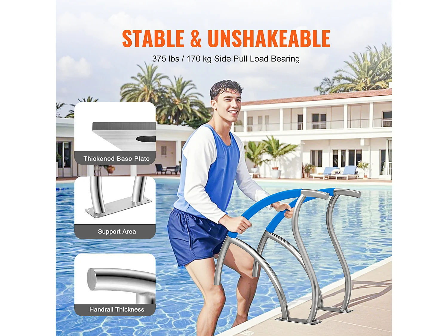 Main Courante de Piscine, SucceBuy Rampe de Piscine 2 Pièces 76×76 cm, Acier Inoxydable avec Plaque de Base pour Spas