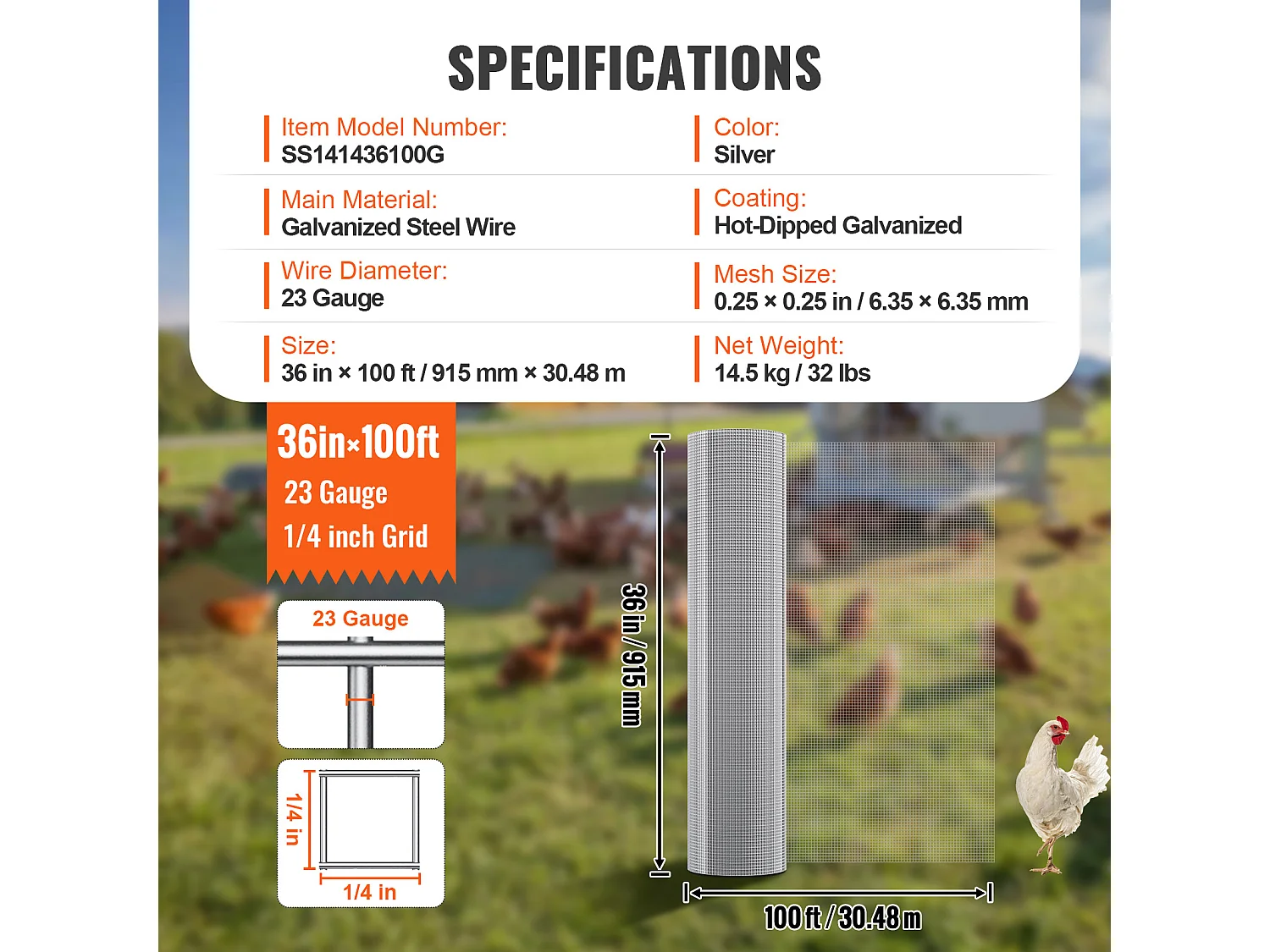 Clôture en Treillis Métallique Robuste SucceBuy 0.64cm x 91.44cm x 3048cm 23 Ga pour Clôture en Grillage à Poules