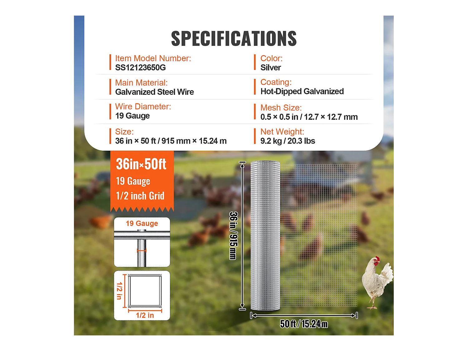 Clôture en Treillis Métallique Robuste SucceBuy 1.27cm x 91.44cm x 1524cm 19 Ga