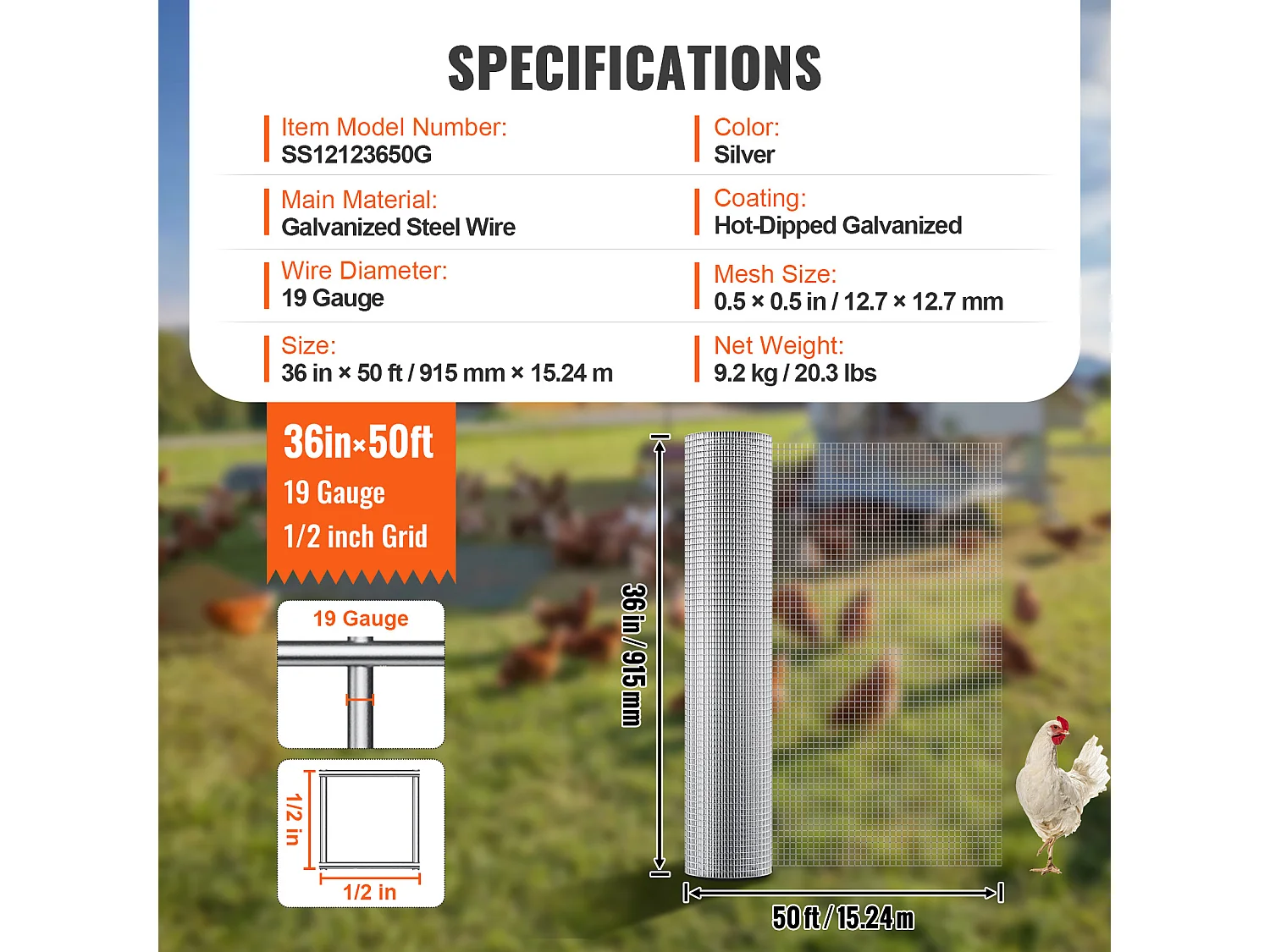 Clôture en Treillis Métallique Robuste SucceBuy 1.27cm x 91.44cm x 1524cm 19 Ga