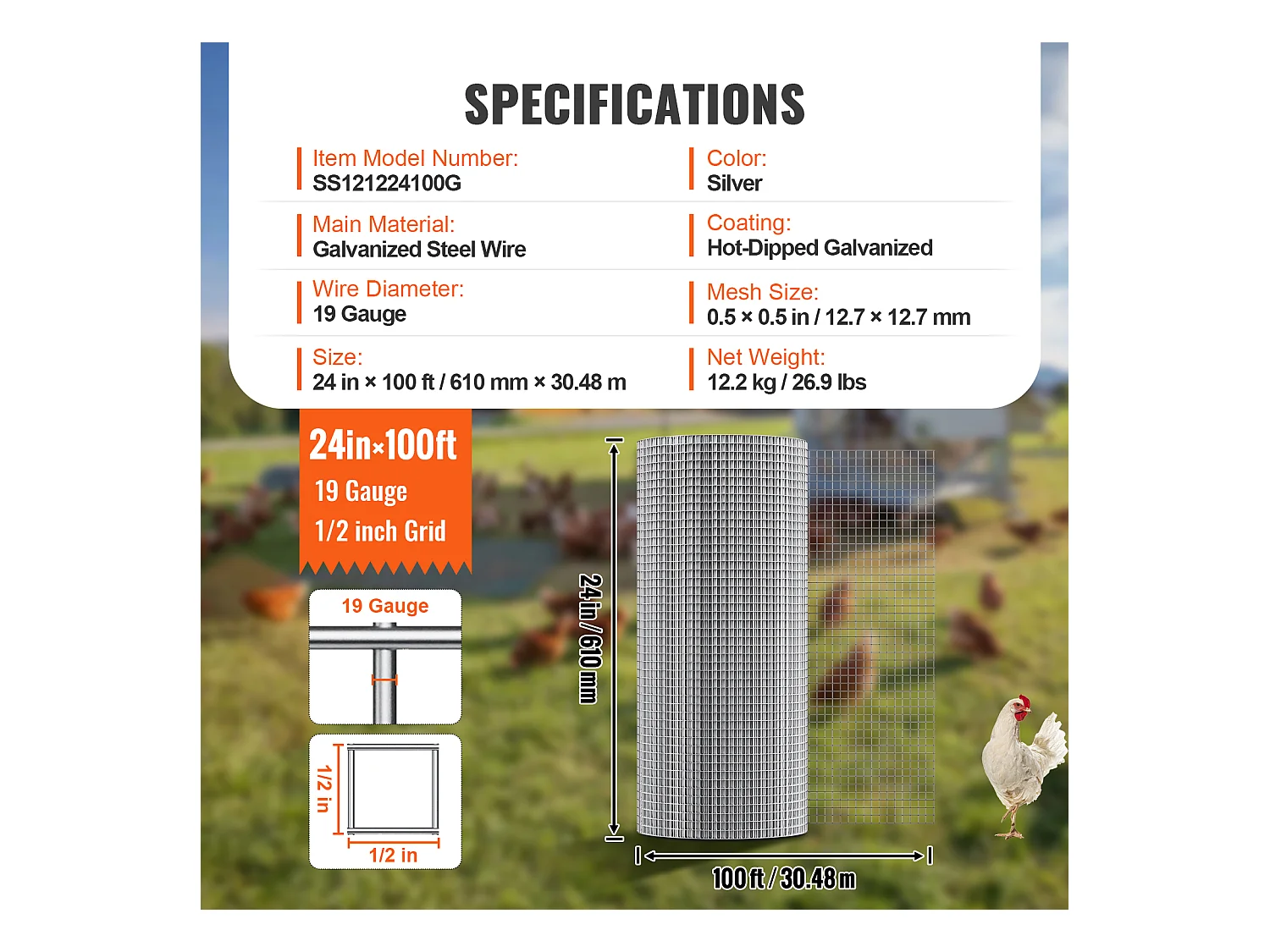 Clôture en Treillis Métallique SucceBuy 1.27cm x 60.96cm x 3048cm Tissu de quincaillerie, 19 maille filaire GA Rouleau pour l'escrime du poulet