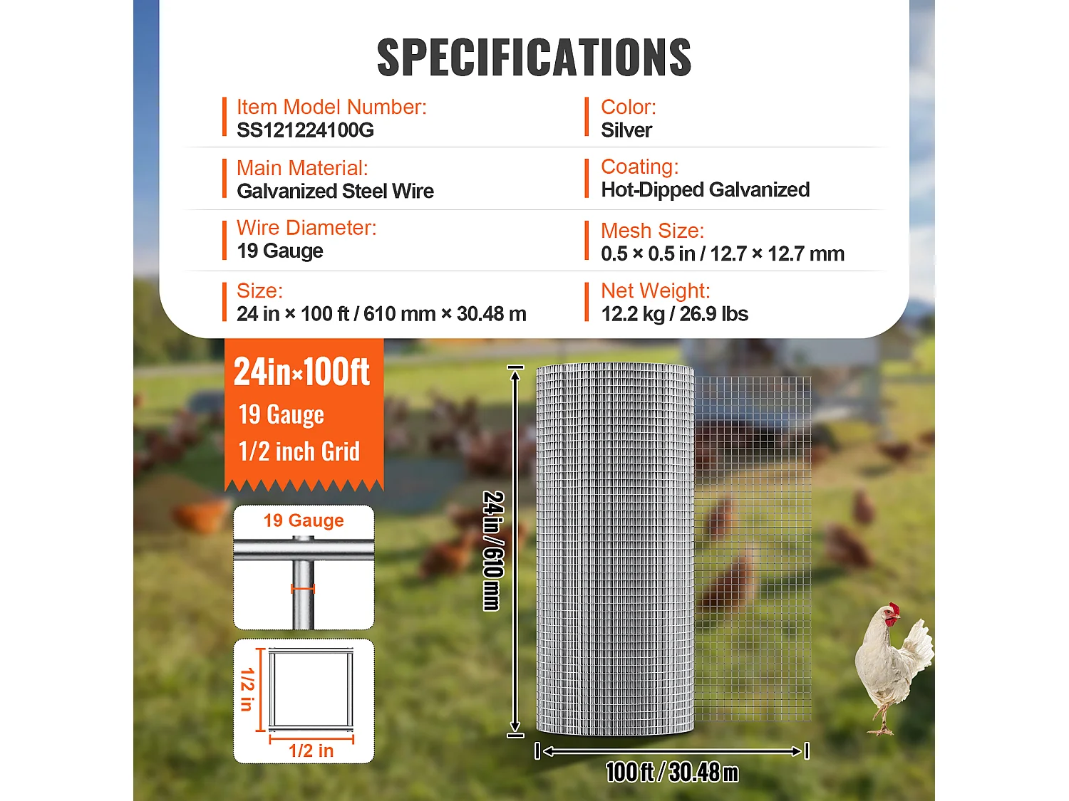 Clôture en Treillis Métallique SucceBuy 1.27cm x 60.96cm x 3048cm Tissu de quincaillerie, 19 maille filaire GA Rouleau pour l'escrime du poulet