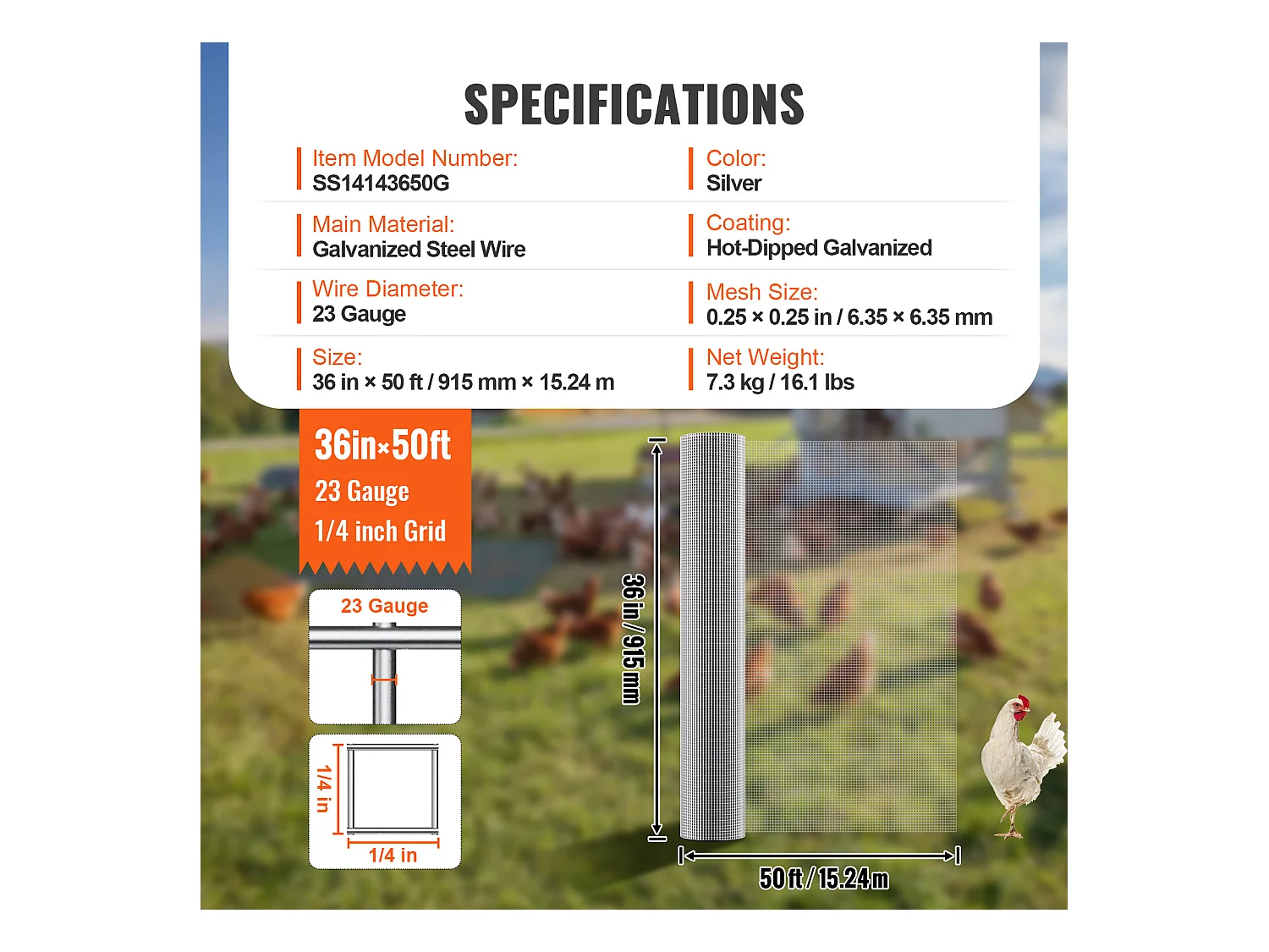 Clôture en Treillis Métallique Galvanisé SucceBuy Hardware Cloth 0.64cm x 91.44cm x 1524cm 23 Ga