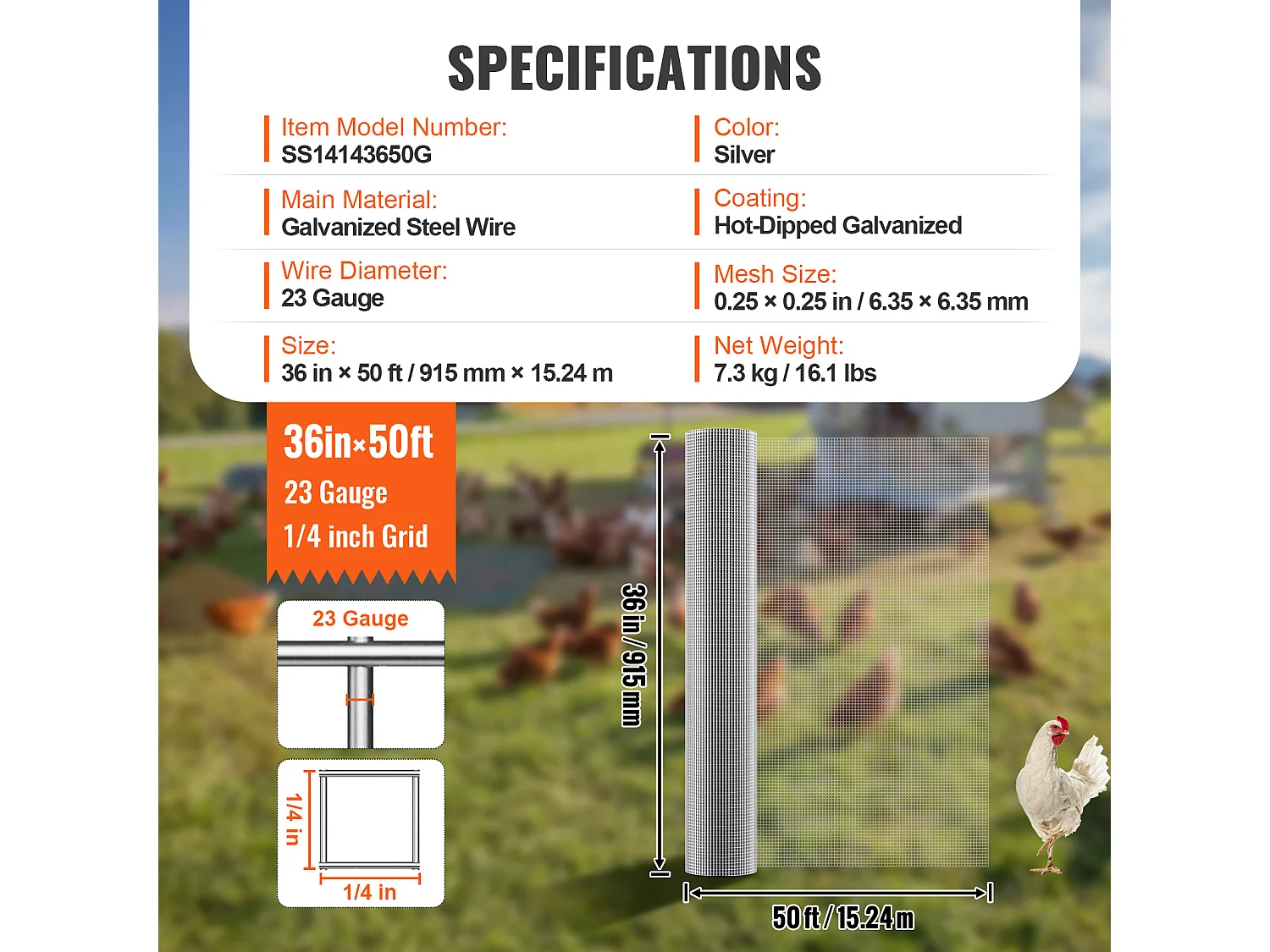 Cerca de Tela Metálica Galvanizada SucceBuy Tela de Hardware 0,64 cm x 91,44 cm x 1524 cm 23 Ga