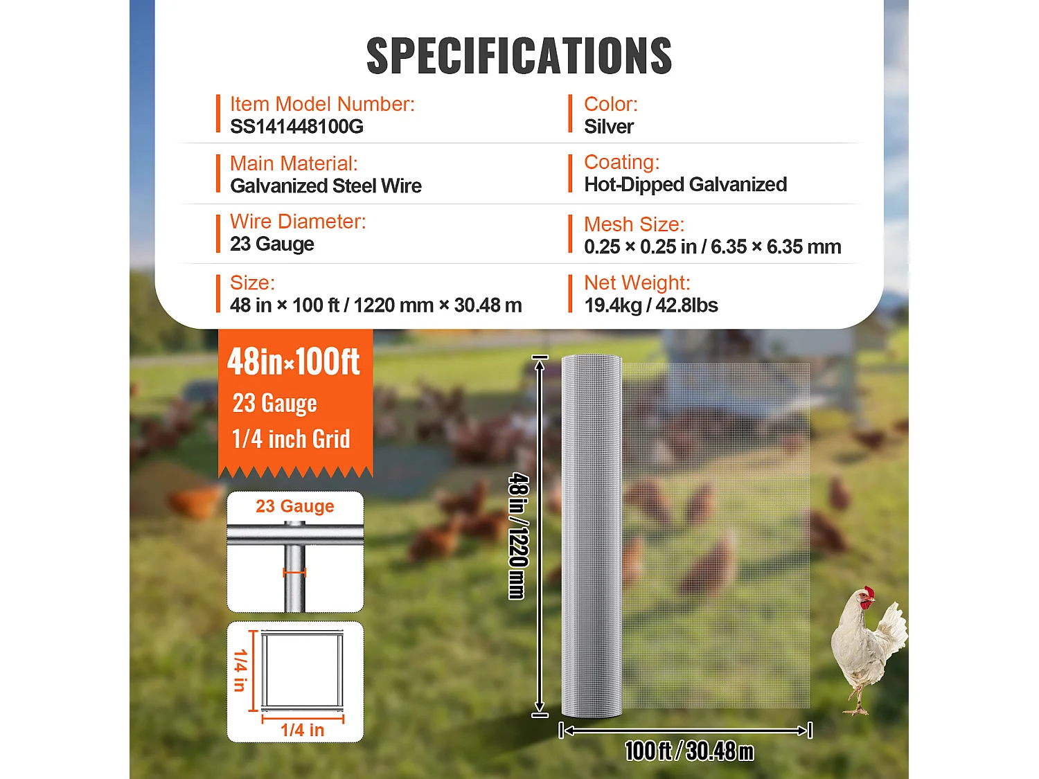 Clôture en Treillis Métallique Galvanisé SucceBuy 0.64cm x 121.92cm x 3048cm 23 Ga