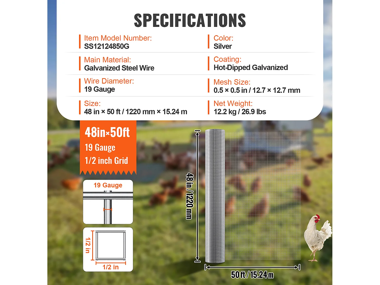 Verzinkter Drahtzaun SucceBuy Drahtgewebe 1,27 cm x 121,92 cm x 1524 cm 19 Ga