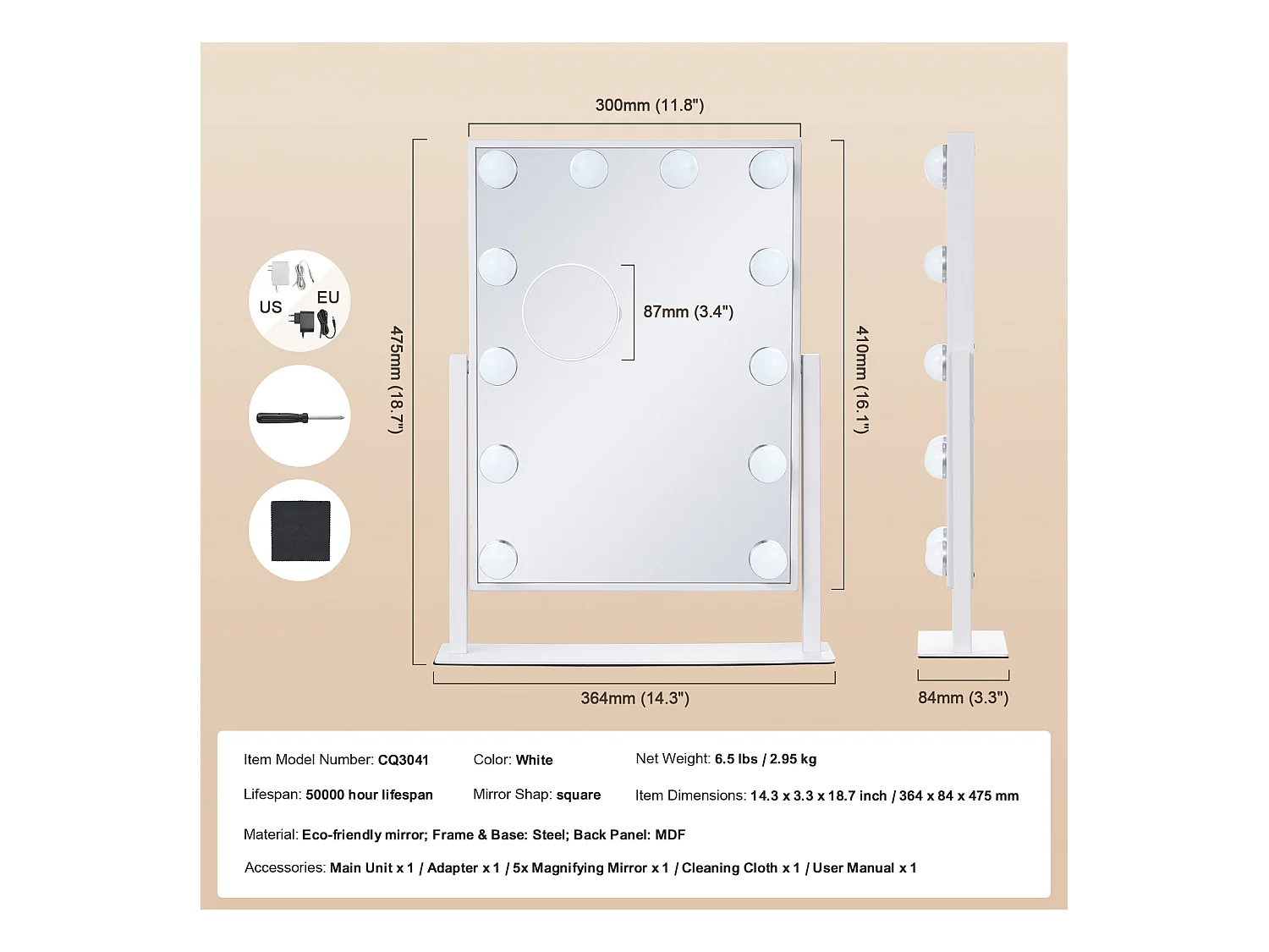 Espelho de Maquiagem SucceBuy 41 x 30 cm, Branco, Espelho de Cortesia Estilo Hollywood com Luzes