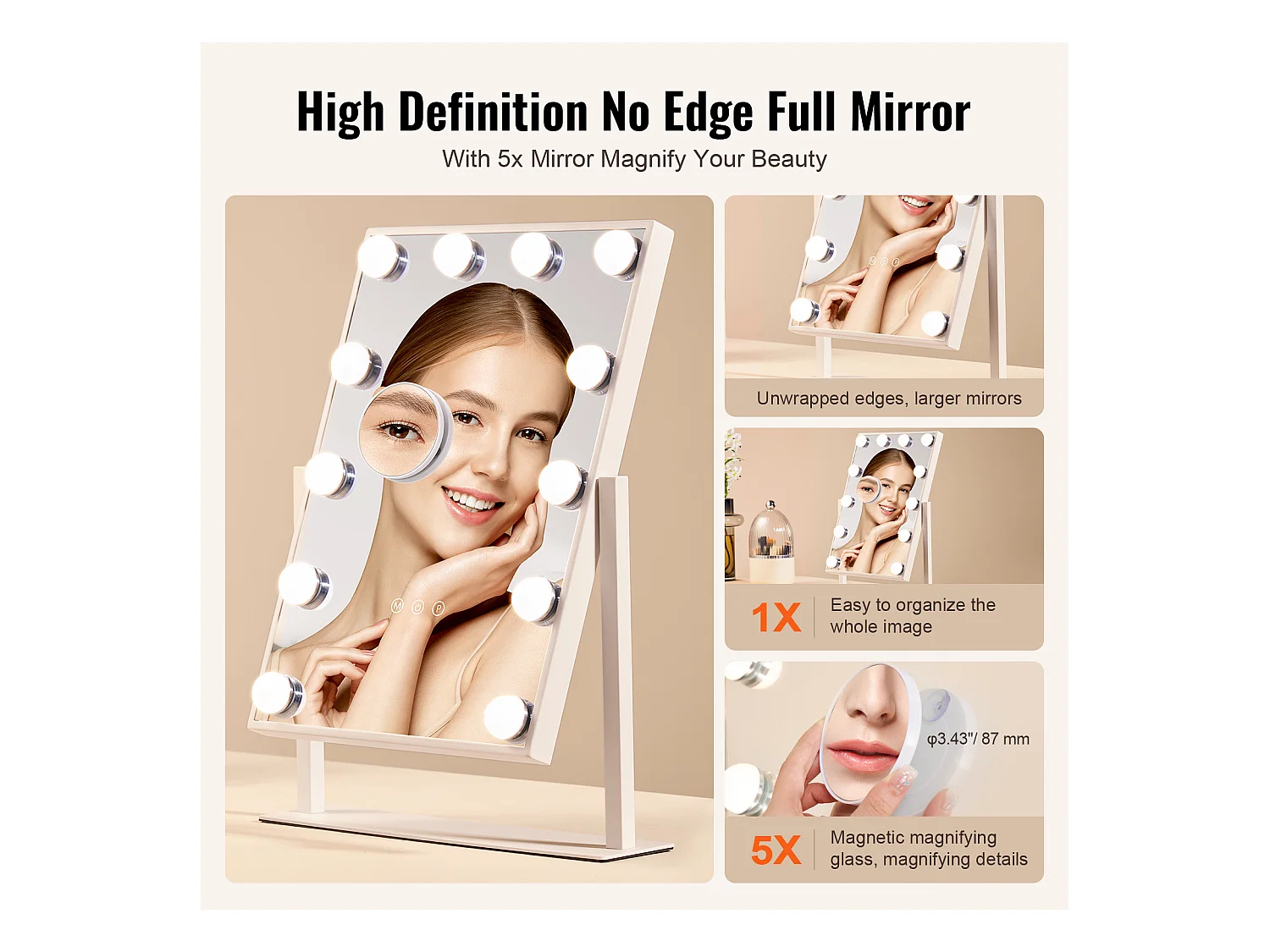 Espelho de Maquiagem SucceBuy 41 x 30 cm, Branco, Espelho de Cortesia Estilo Hollywood com Luzes