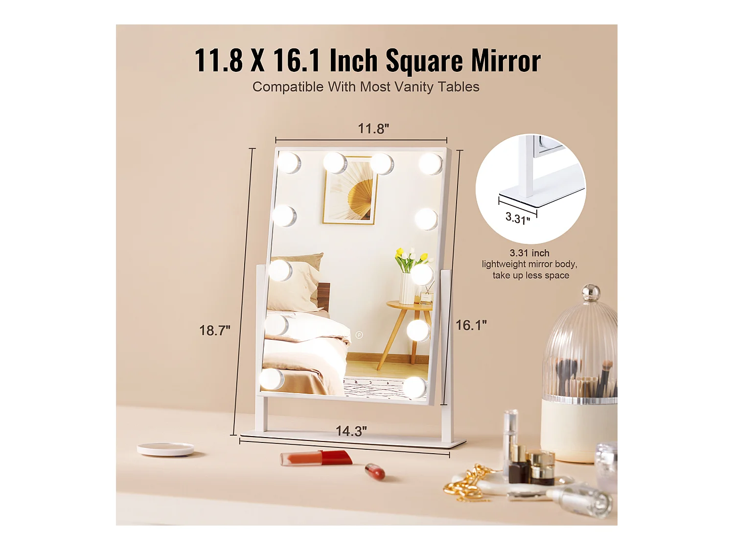 Espelho de Maquiagem SucceBuy 41 x 30 cm, Branco, Espelho de Cortesia Estilo Hollywood com Luzes