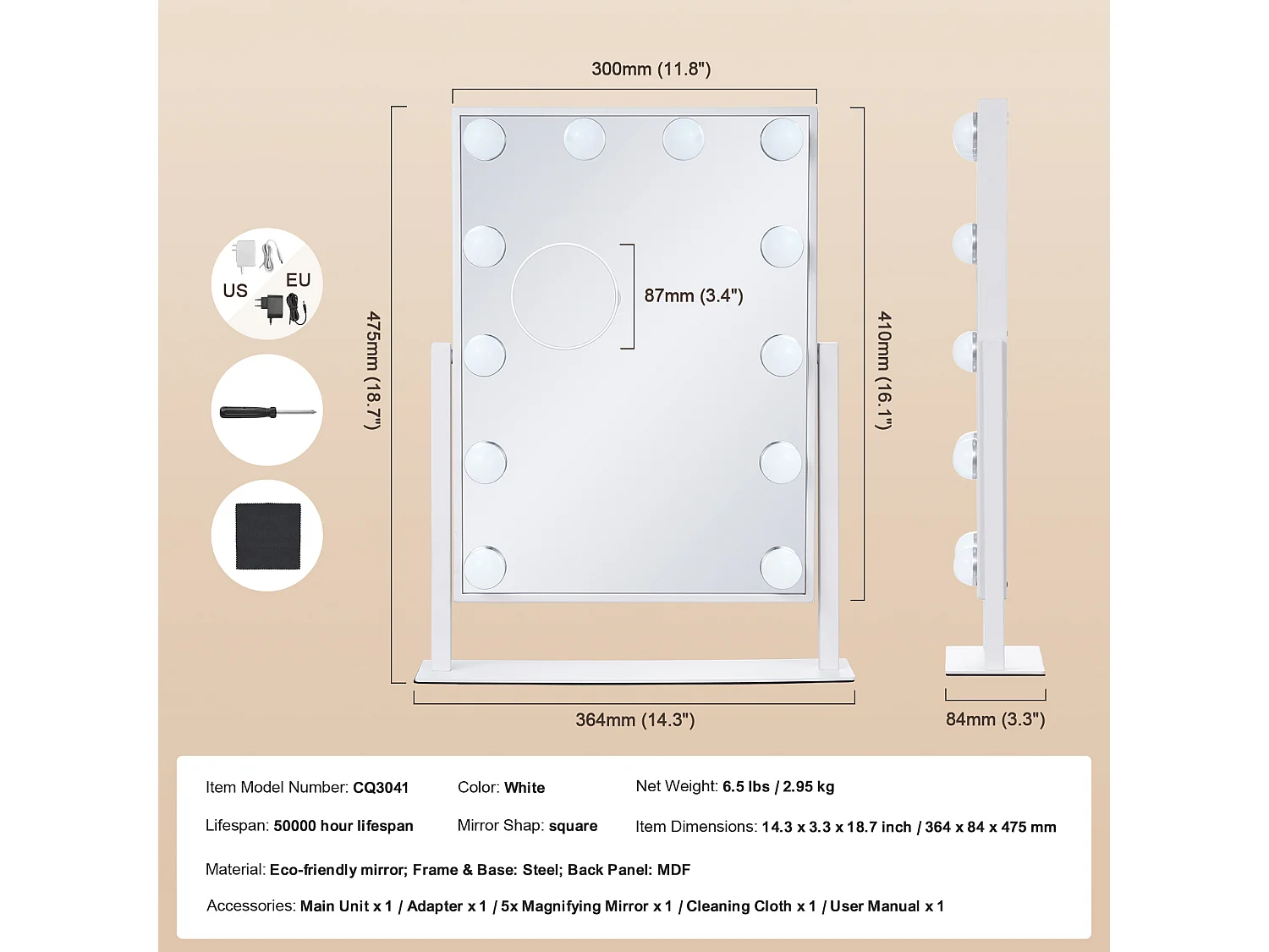 Miroir de Maquillage SucceBuy 41 x 30 cm, Blanc, Miroir de Courtoisie de Style Hollywoodien avec Lumières