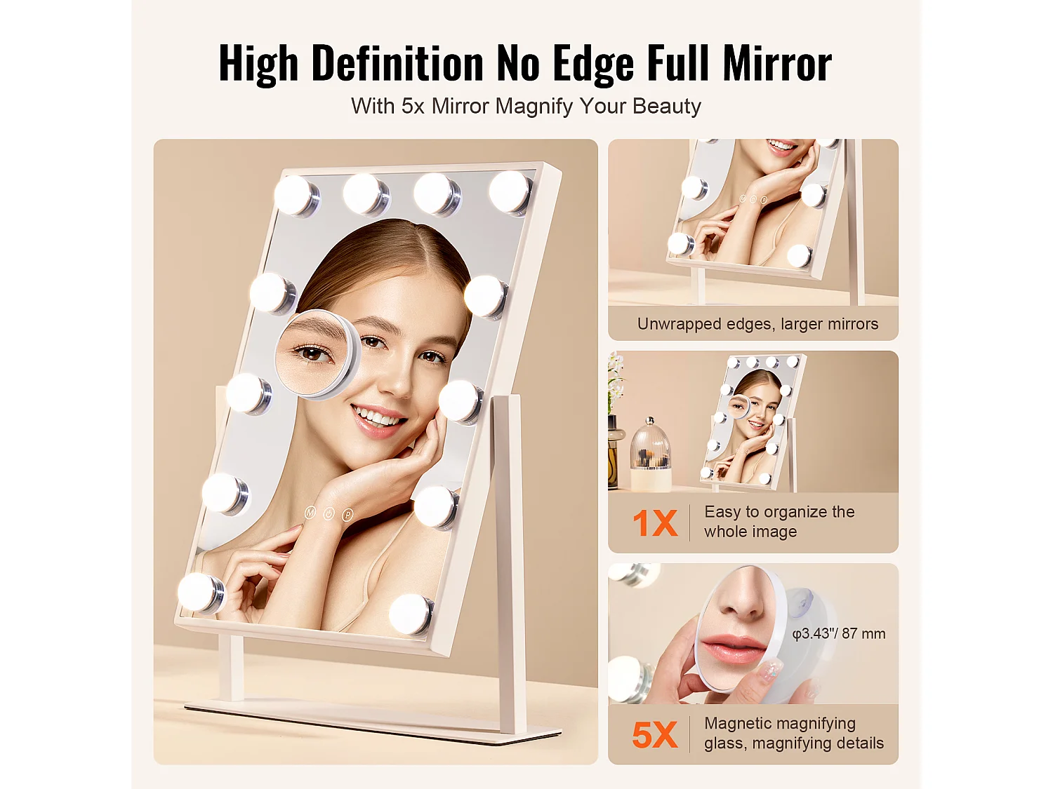 Miroir de Maquillage SucceBuy 41 x 30 cm, Blanc, Miroir de Courtoisie de Style Hollywoodien avec Lumières