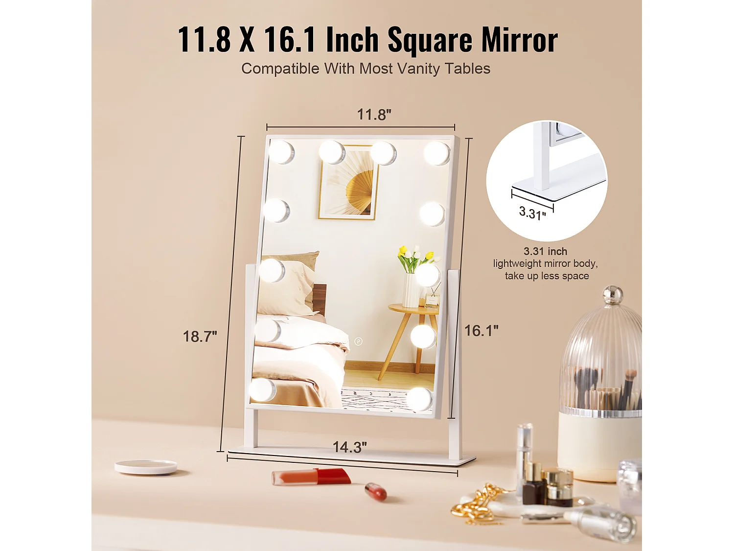 Miroir de Maquillage SucceBuy 41 x 30 cm, Blanc, Miroir de Courtoisie de Style Hollywoodien avec Lumières