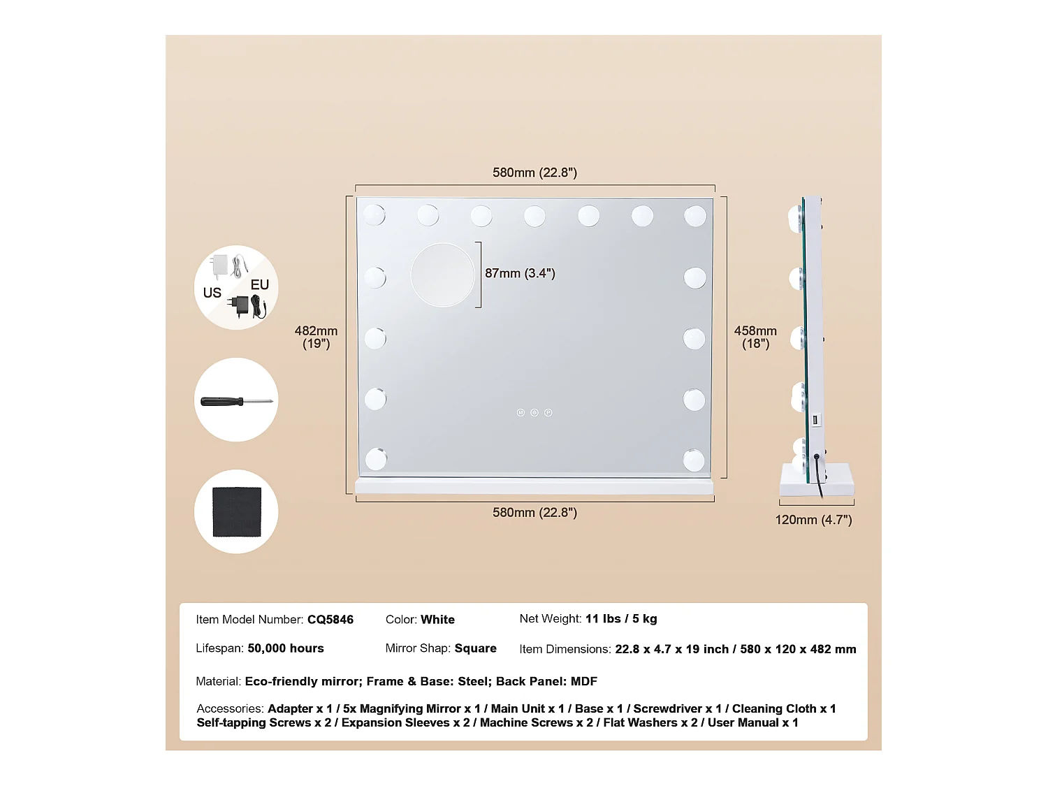 Make-up Spieghel SucceBuy 58 x 46 cm, Wit, Hollywood-stijl Hofelijkheidsspiegel met Verlichting