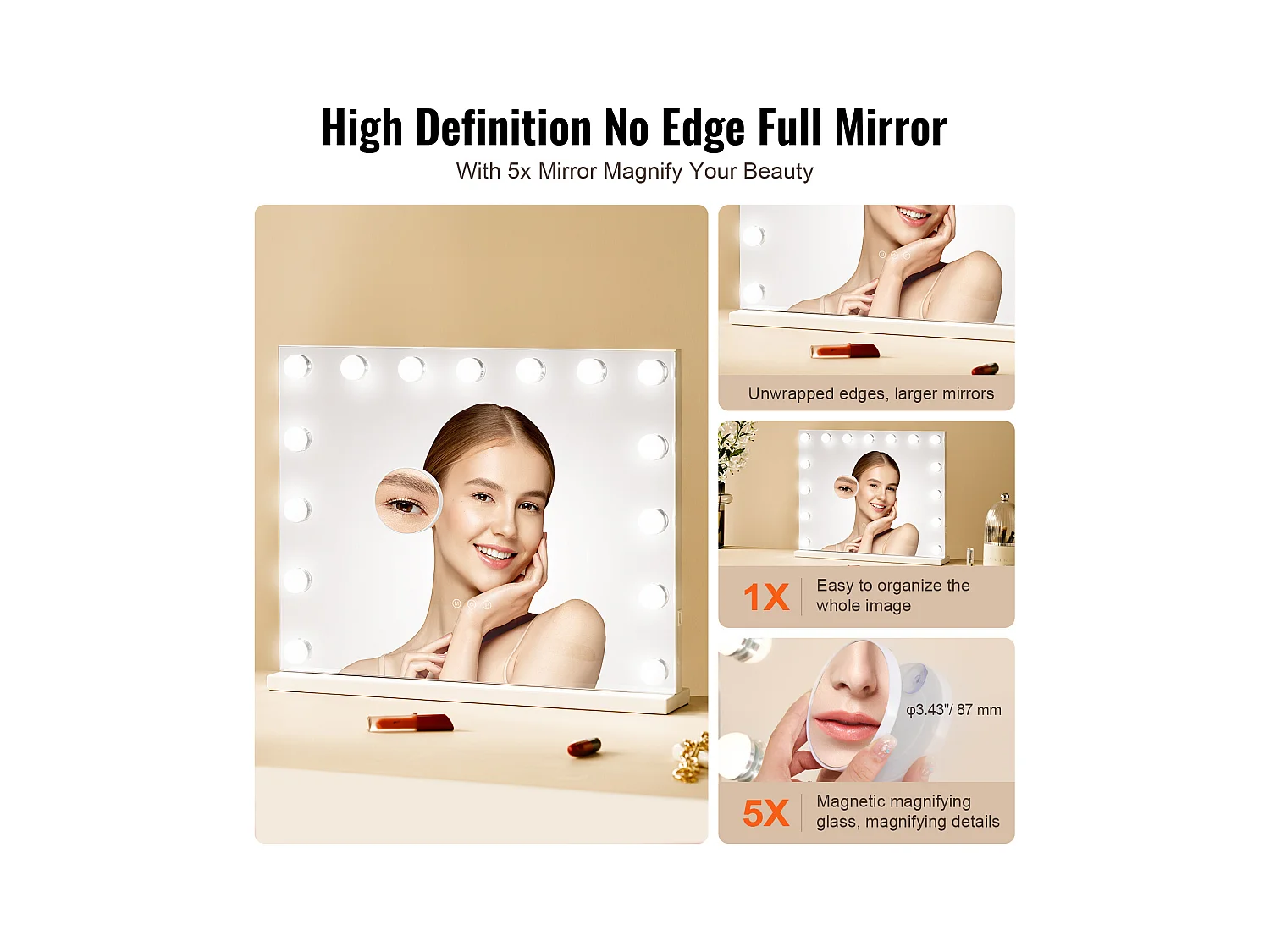 Make-up Spieghel SucceBuy 58 x 46 cm, Wit, Hollywood-stijl Hofelijkheidsspiegel met Verlichting