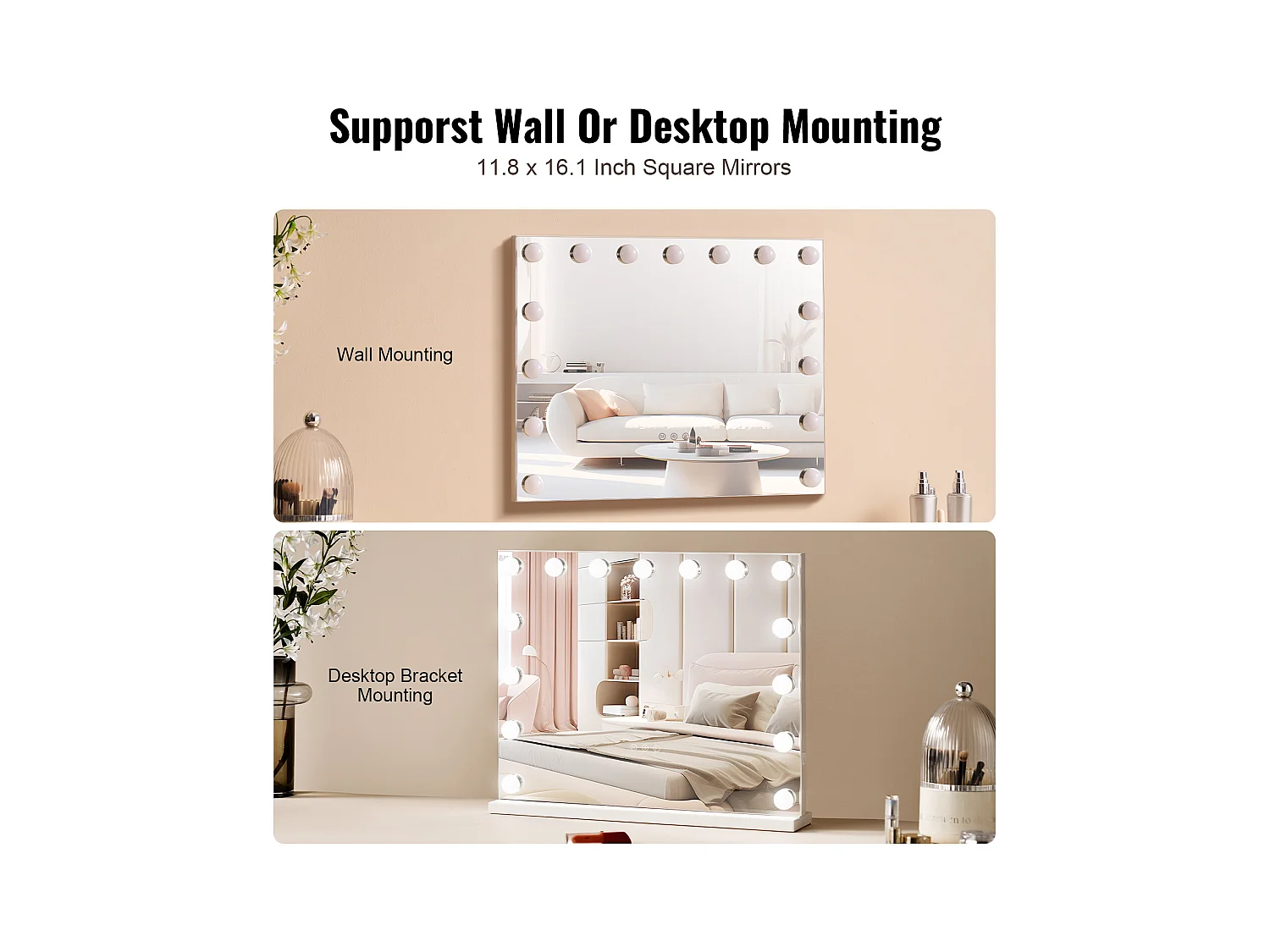 Make-up Spieghel SucceBuy 58 x 46 cm, Wit, Hollywood-stijl Hofelijkheidsspiegel met Verlichting