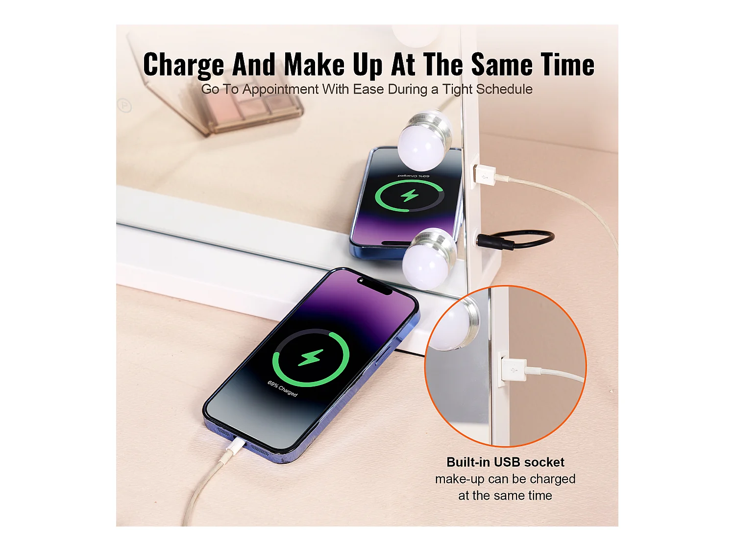 Espejo de Maquillaje SucceBuy 58 x 46 cm, Blanco, Espejo de Cortesía de Estilo Hollywoodiense con Luces