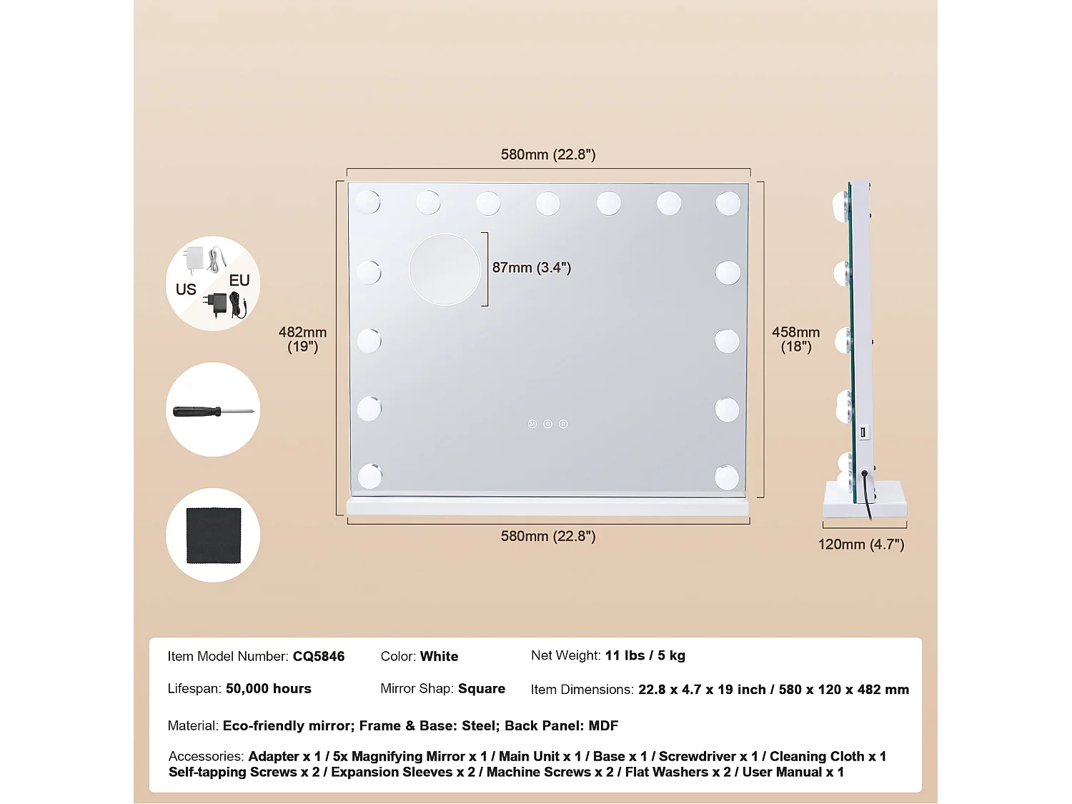 Miroir de Maquillage SucceBuy 58 x 46 cm, Blanc, Miroir de Courtoisie de Style Hollywoodien avec Lumières