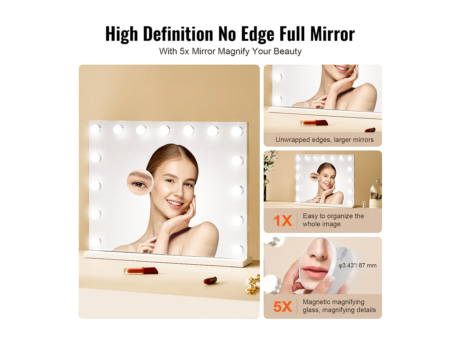 Miroir de Maquillage SucceBuy 58 x 46 cm, Blanc, Miroir de Courtoisie de Style Hollywoodien avec Lumières