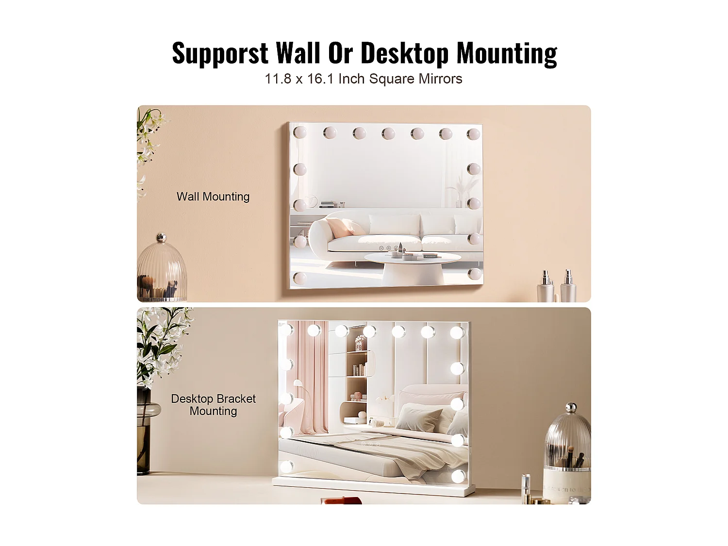 Miroir de Maquillage SucceBuy 58 x 46 cm, Blanc, Miroir de Courtoisie de Style Hollywoodien avec Lumières