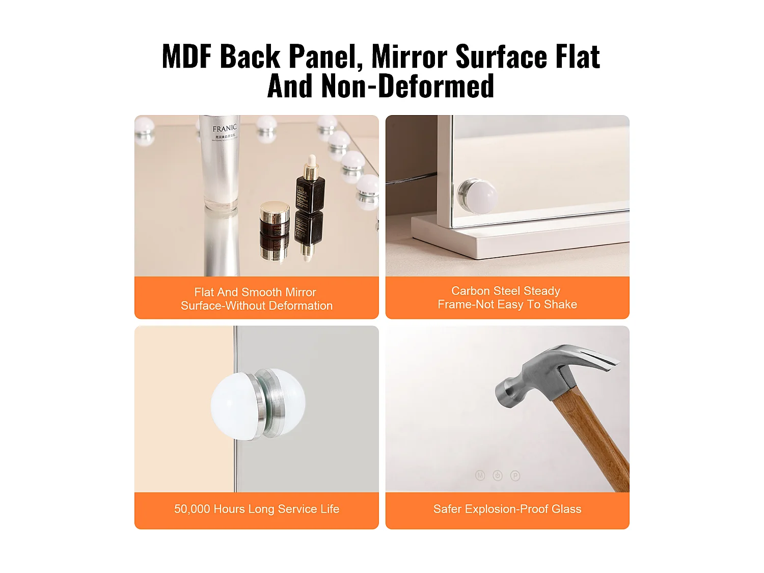 Miroir de Maquillage SucceBuy 58 x 46 cm, Blanc, Miroir de Courtoisie de Style Hollywoodien avec Lumières