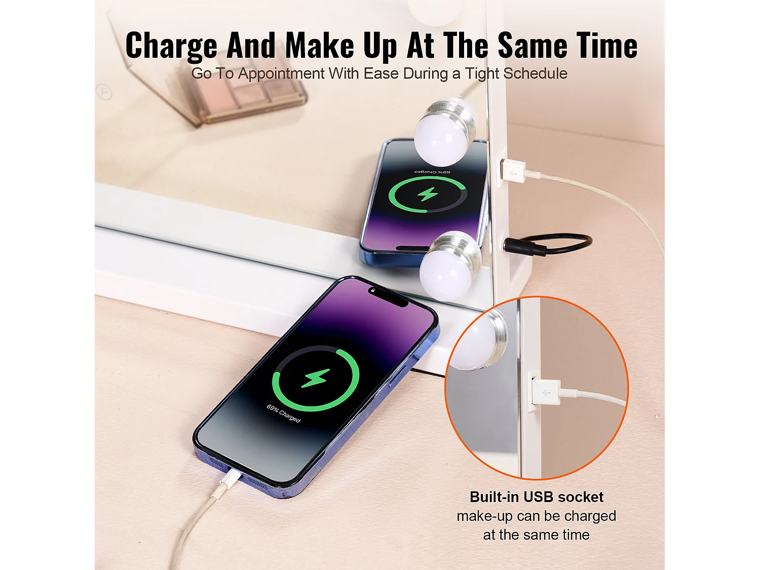 Miroir de Maquillage SucceBuy 58 x 46 cm, Blanc, Miroir de Courtoisie de Style Hollywoodien avec Lumières